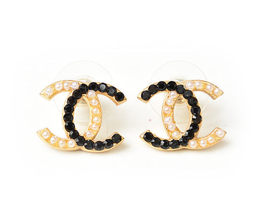 Chanel Earrings CC Mark Pearl Motif Rhinestone Black/Gold