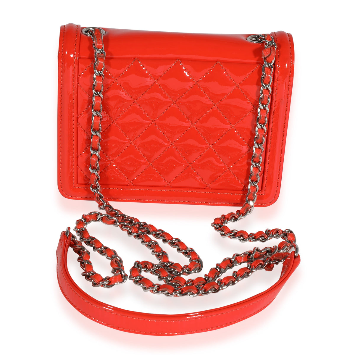 CHANEL Red Quilted Patent Leather & Plexi Boy Brick Flap Bag