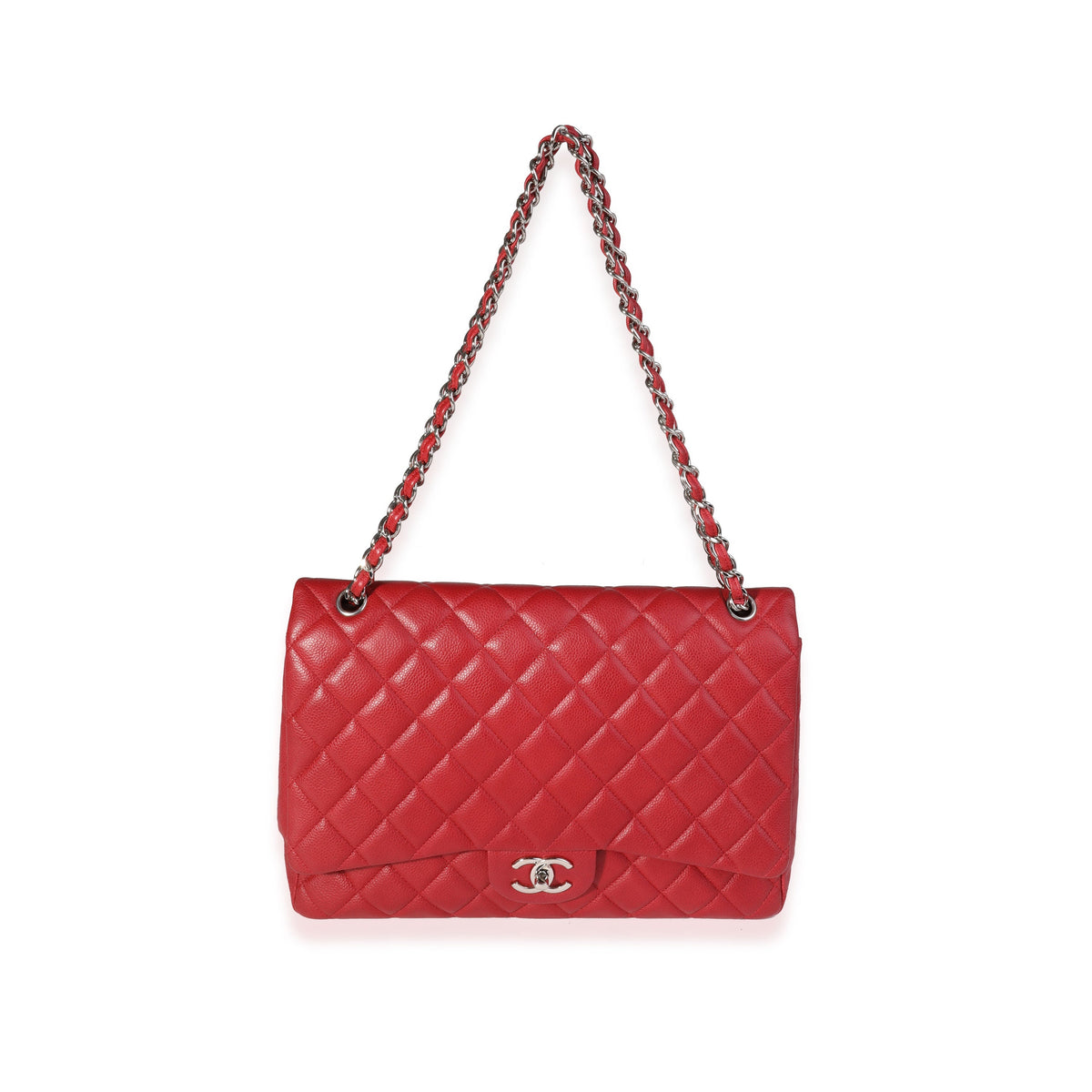 CHANEL Red Quilted Caviar Maxi Classic Double Flap Bag
