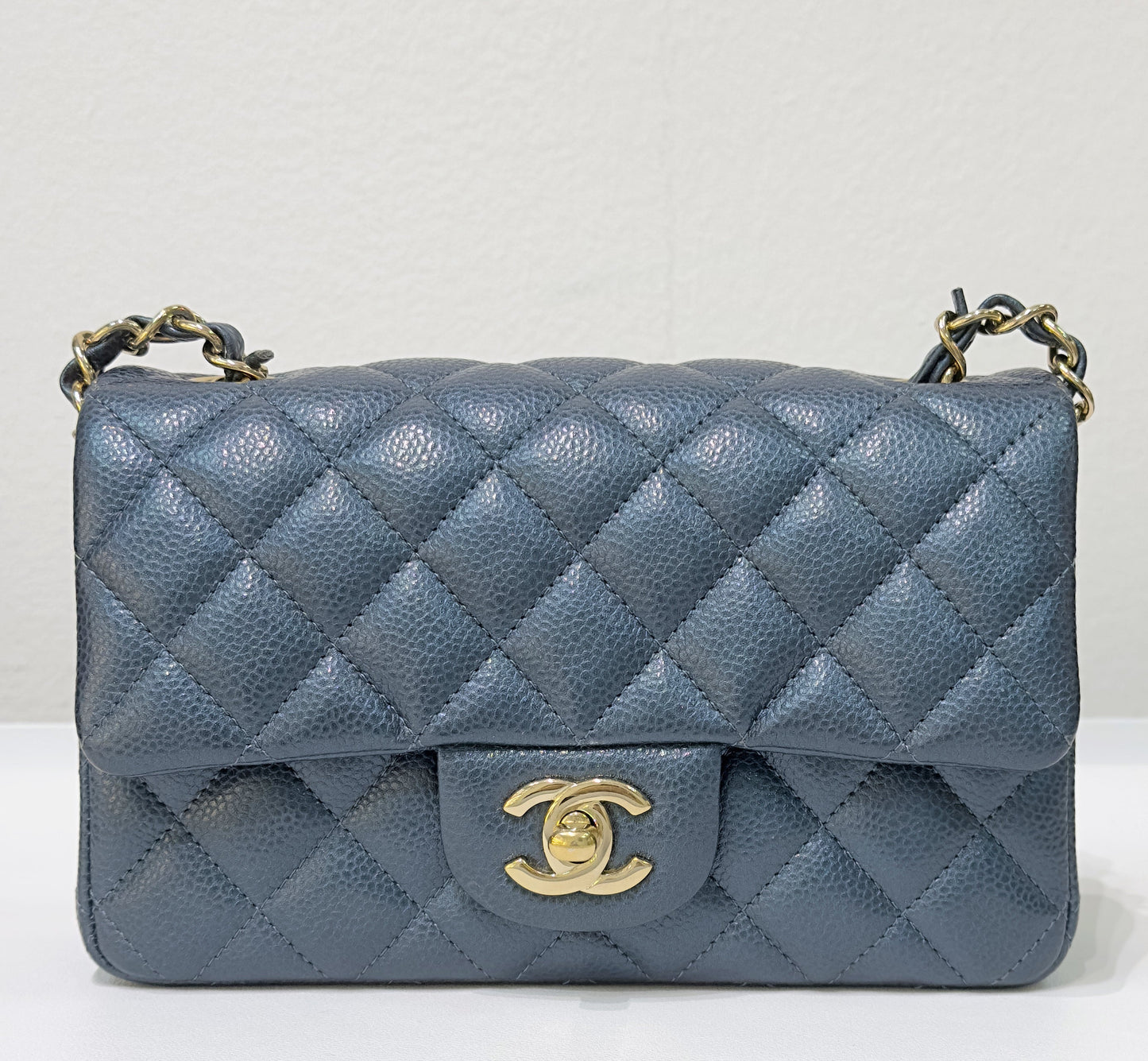 CHANEL Pearly Caviar Quilted Mini Rectangular Flap Navy Blue 18S