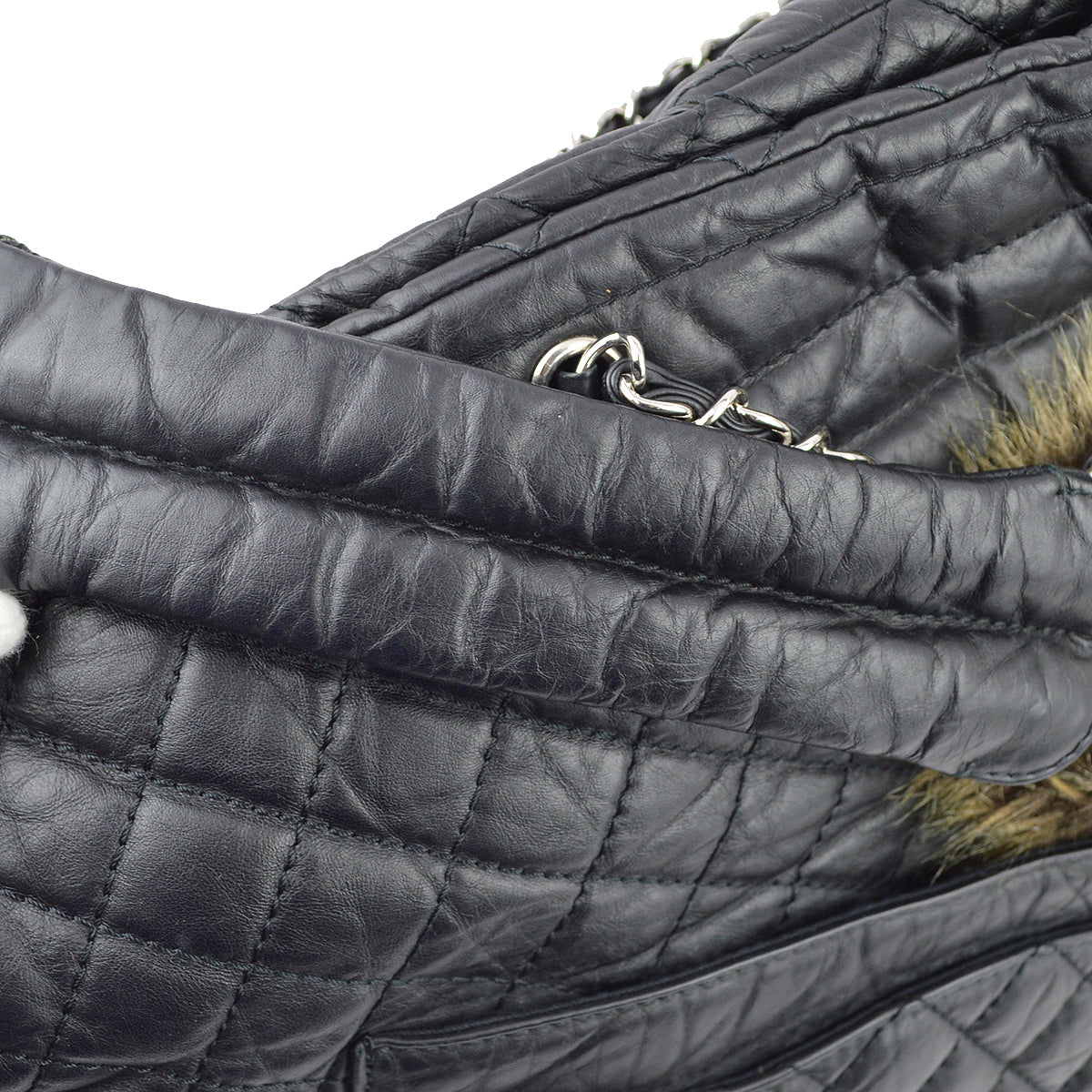 Chanel * Black Calfskin Fur 2way Shoulder Tote Handbag