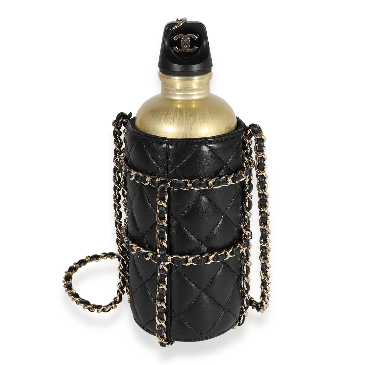 Top Quality Chanel Gold Metal Water Bottle & Black Quilted Lambskin Holder