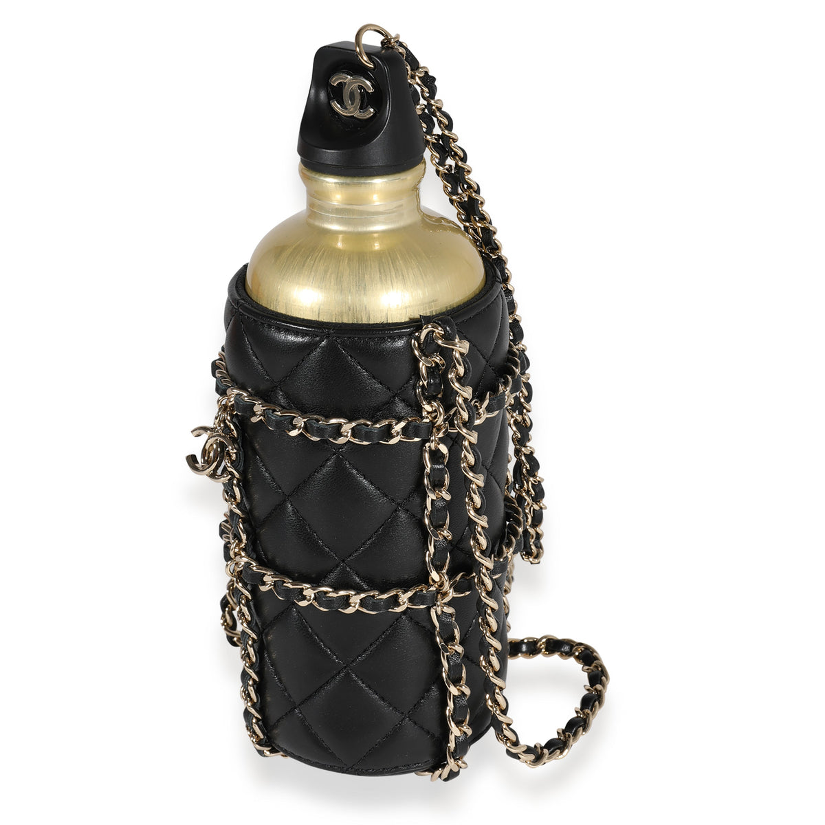 Top Quality Chanel Gold Metal Water Bottle & Black Quilted Lambskin Holder