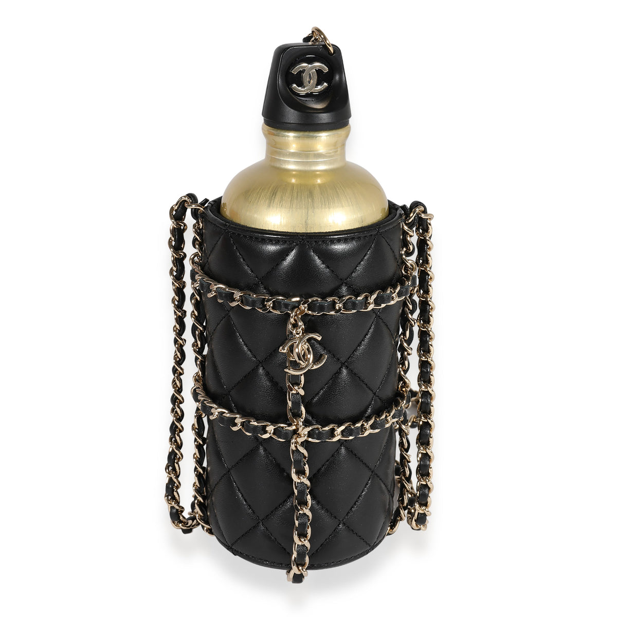 Top Quality Chanel Gold Metal Water Bottle & Black Quilted Lambskin Holder