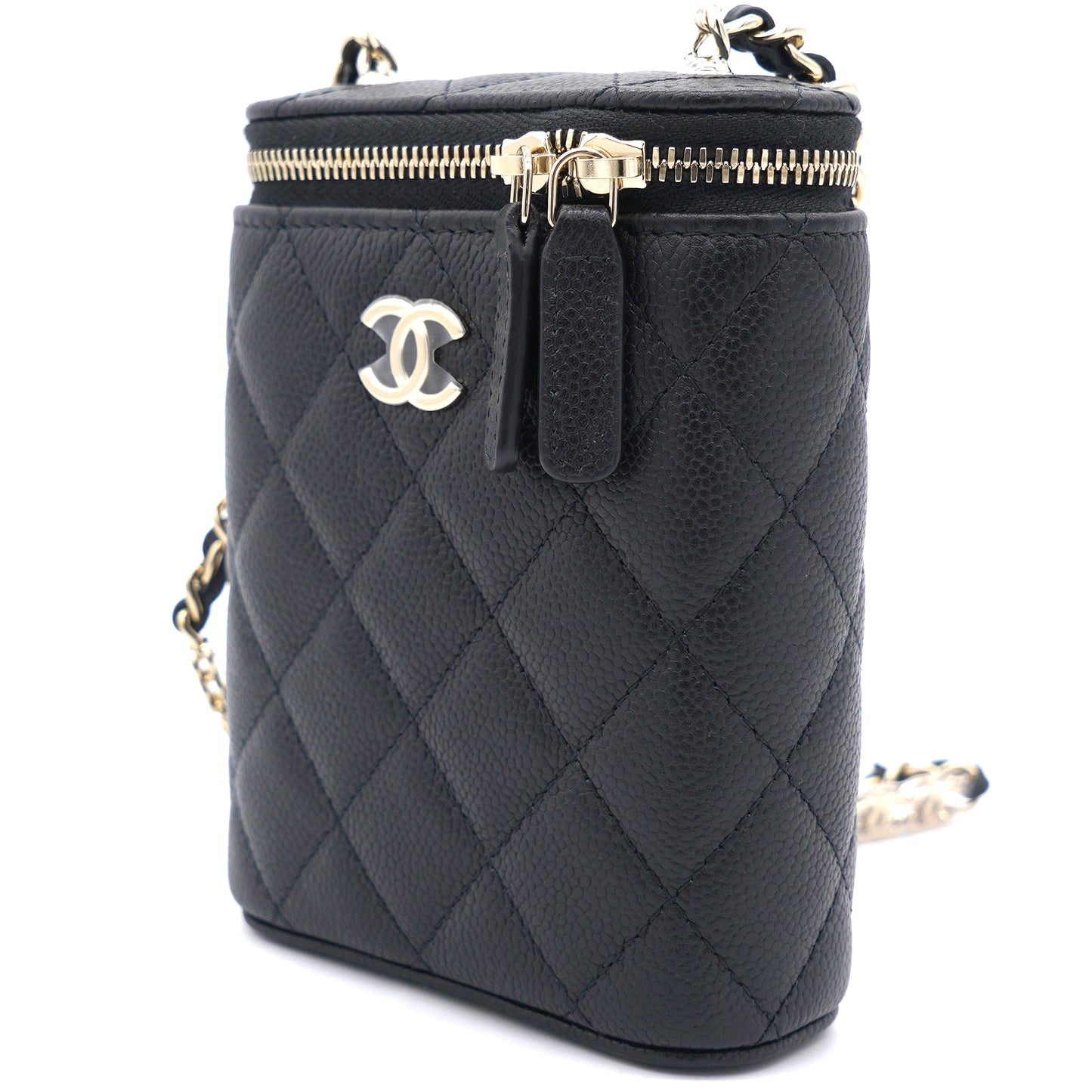 Chanel Caviar Quilted Small Vertical Coco Beauty Vanity Case With Chain Black