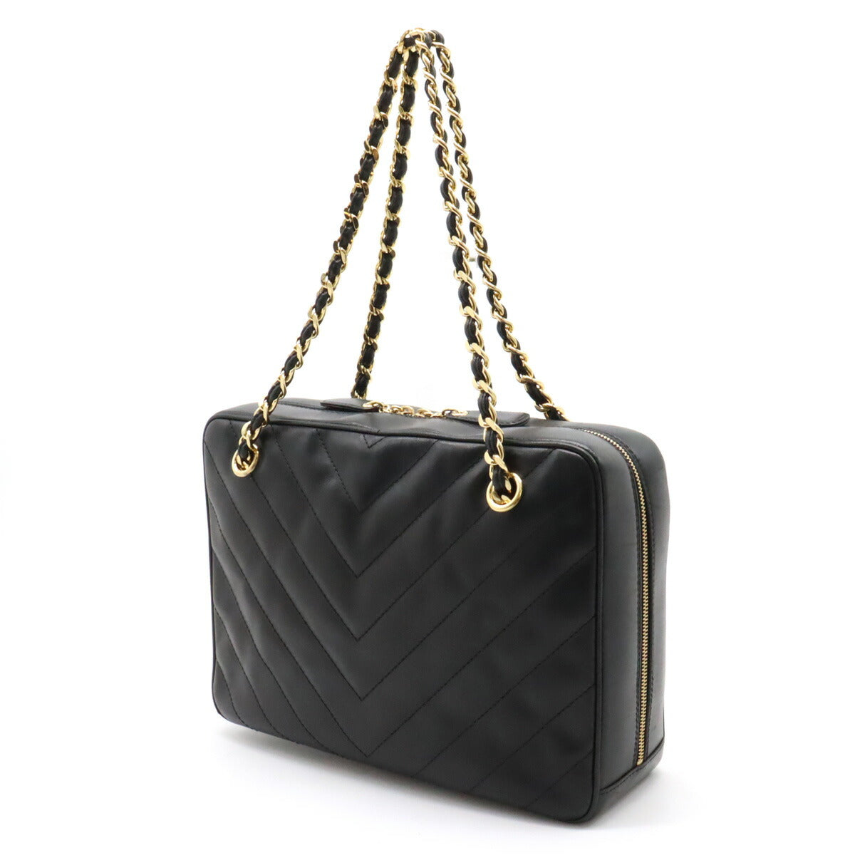 Chanel Chevron Leather Coco Mark 2way Chain Bag Black Gold Hardware