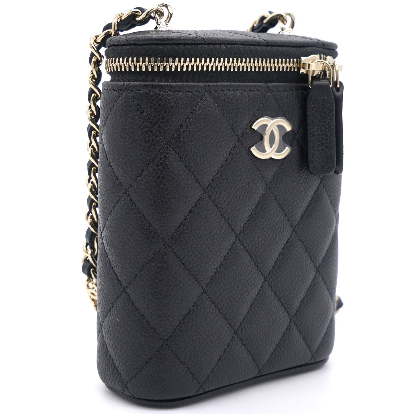 Chanel Caviar Quilted Small Vertical Coco Beauty Vanity Case With Chain Black