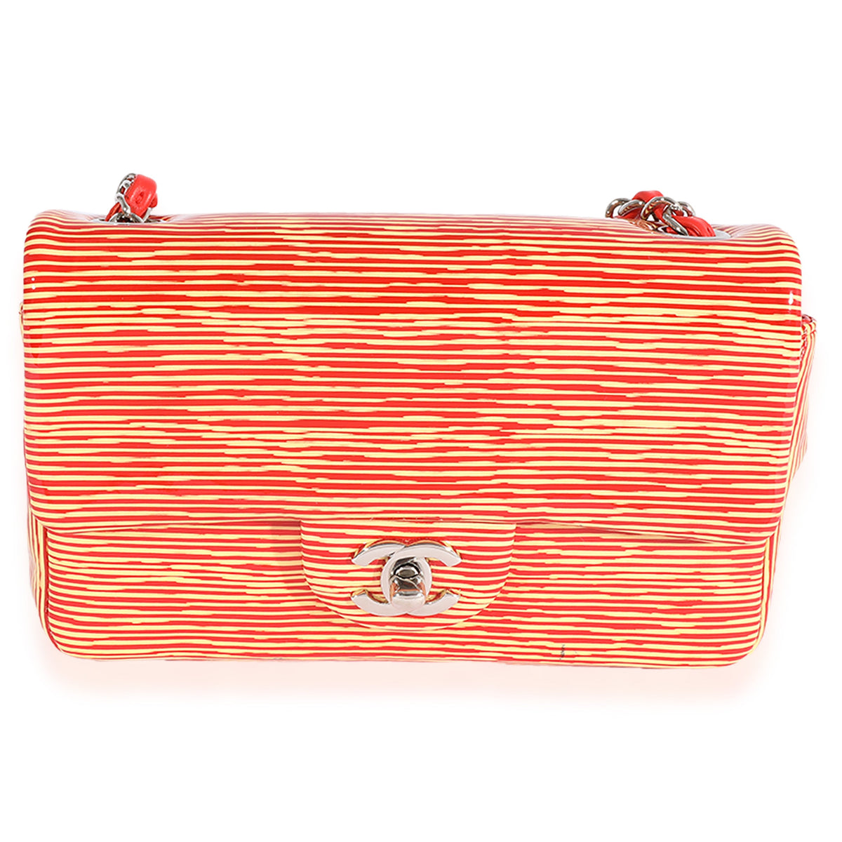 CHANEL Red Striped Patent Mini Rectangular Classic Flap Bag