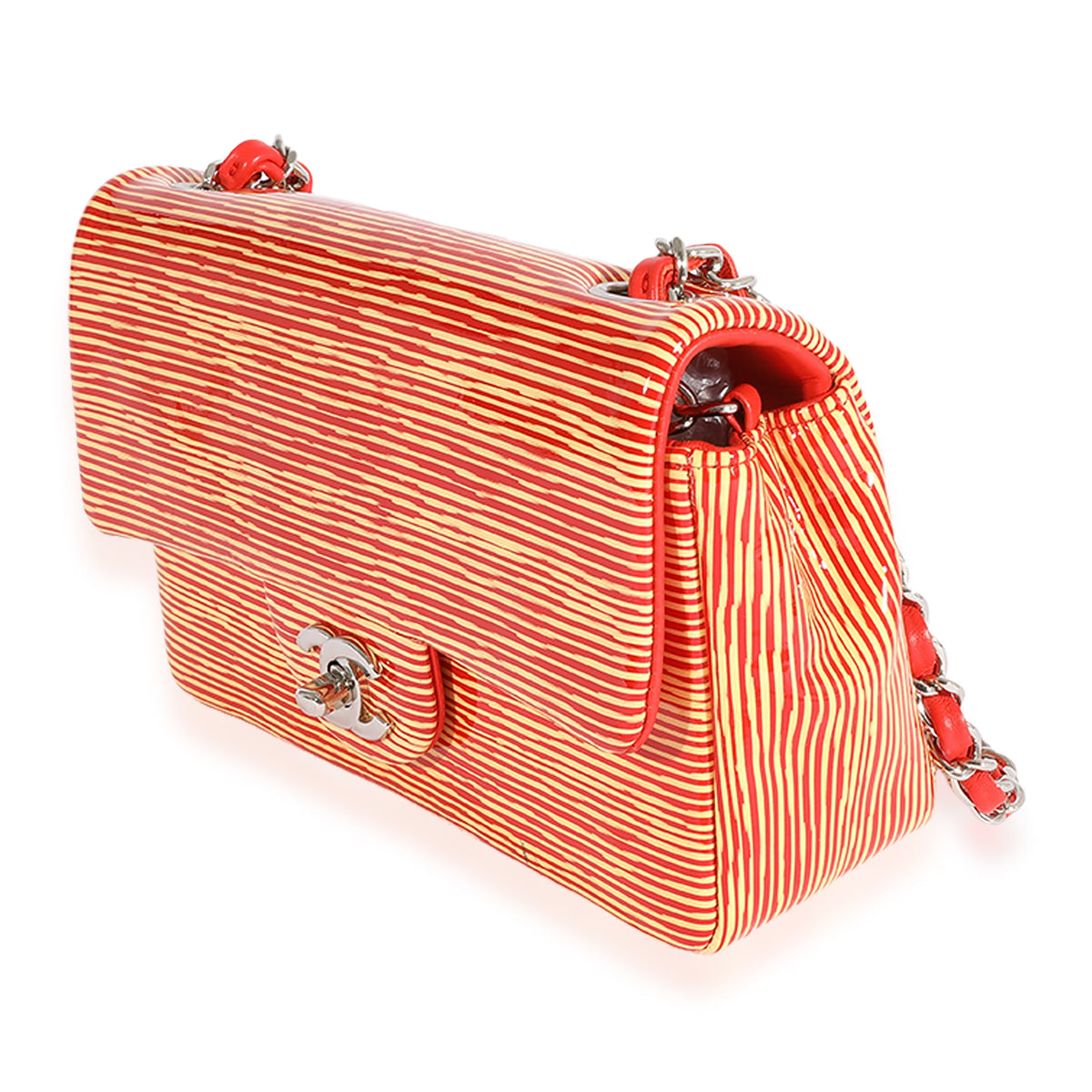 CHANEL Red Striped Patent Mini Rectangular Classic Flap Bag