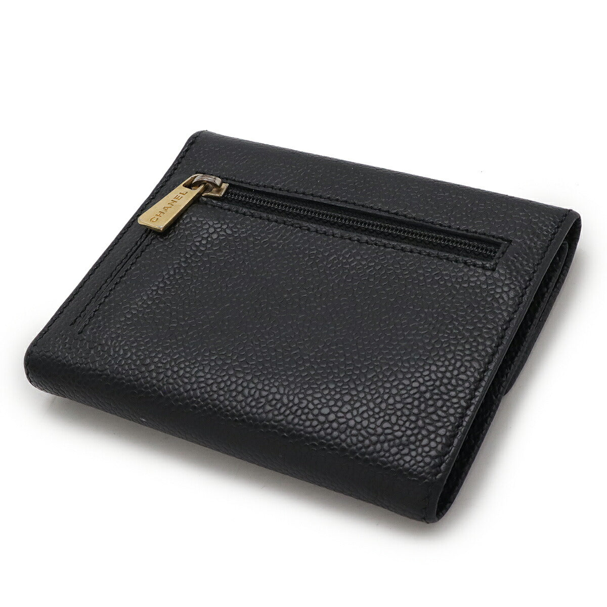 Chanel Caviar Skin Coco Mark Tri-fold Wallet Black Gold Hardware