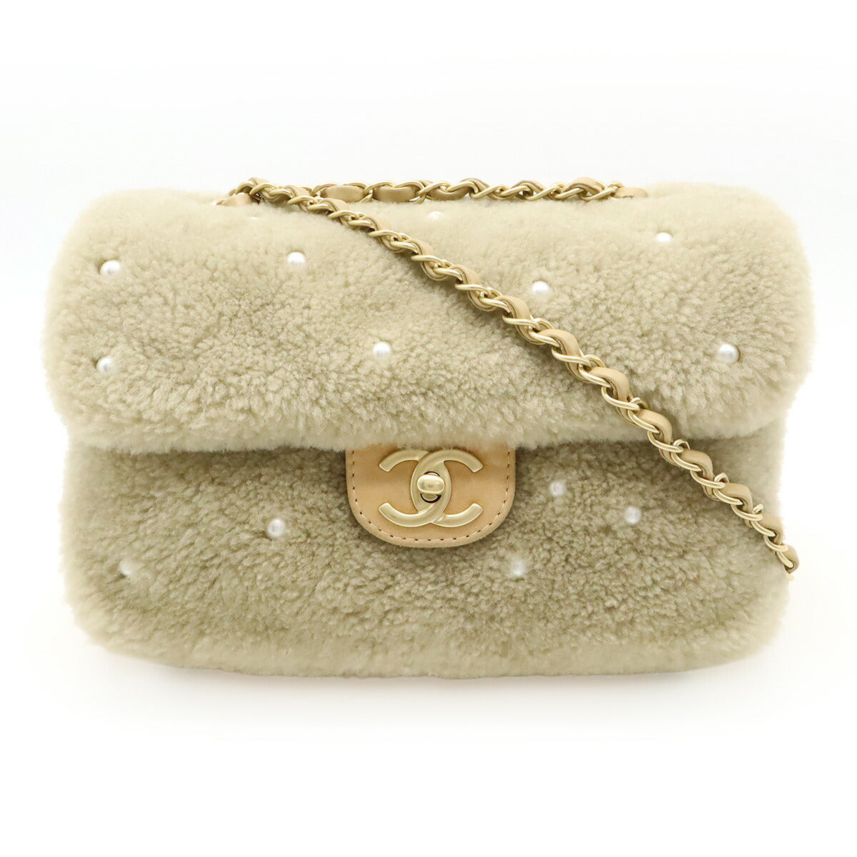 Chanel Pearl Embroidery Shearling Shoulder Bag