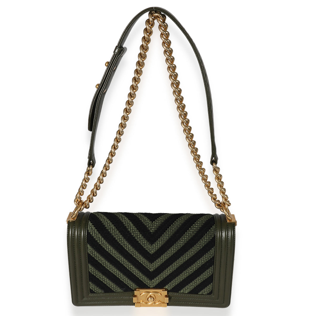 CHANEL Khaki and Black Lambskin Braided Chevron Medium Boy Bag