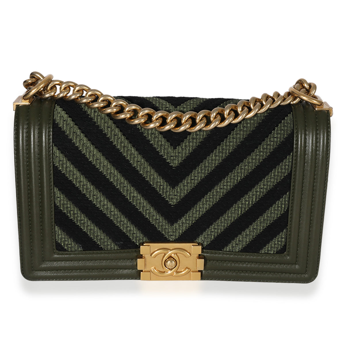 CHANEL Khaki and Black Lambskin Braided Chevron Medium Boy Bag