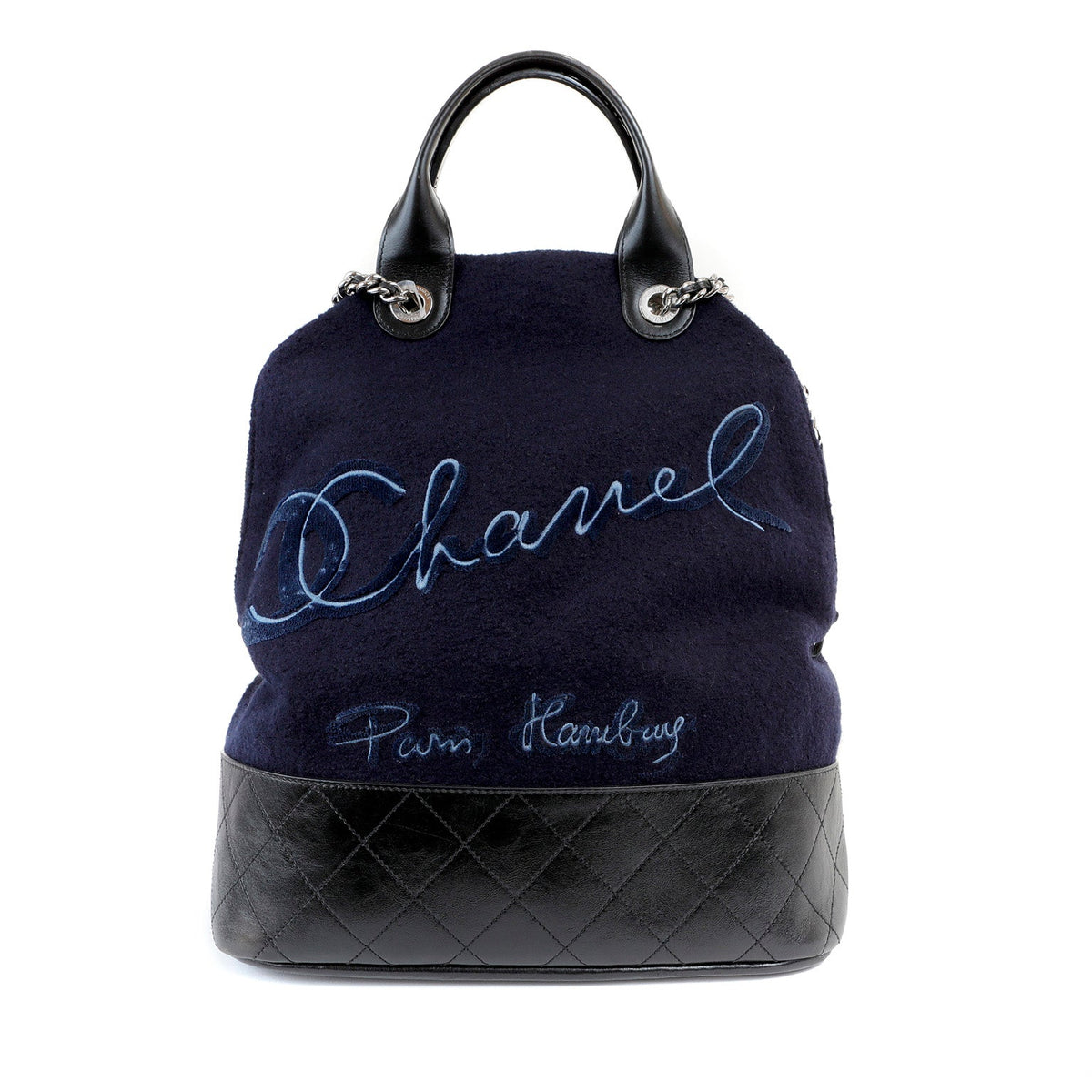 Chanel Navy Blue Felt Bowler Bag w/ CC Embroidery