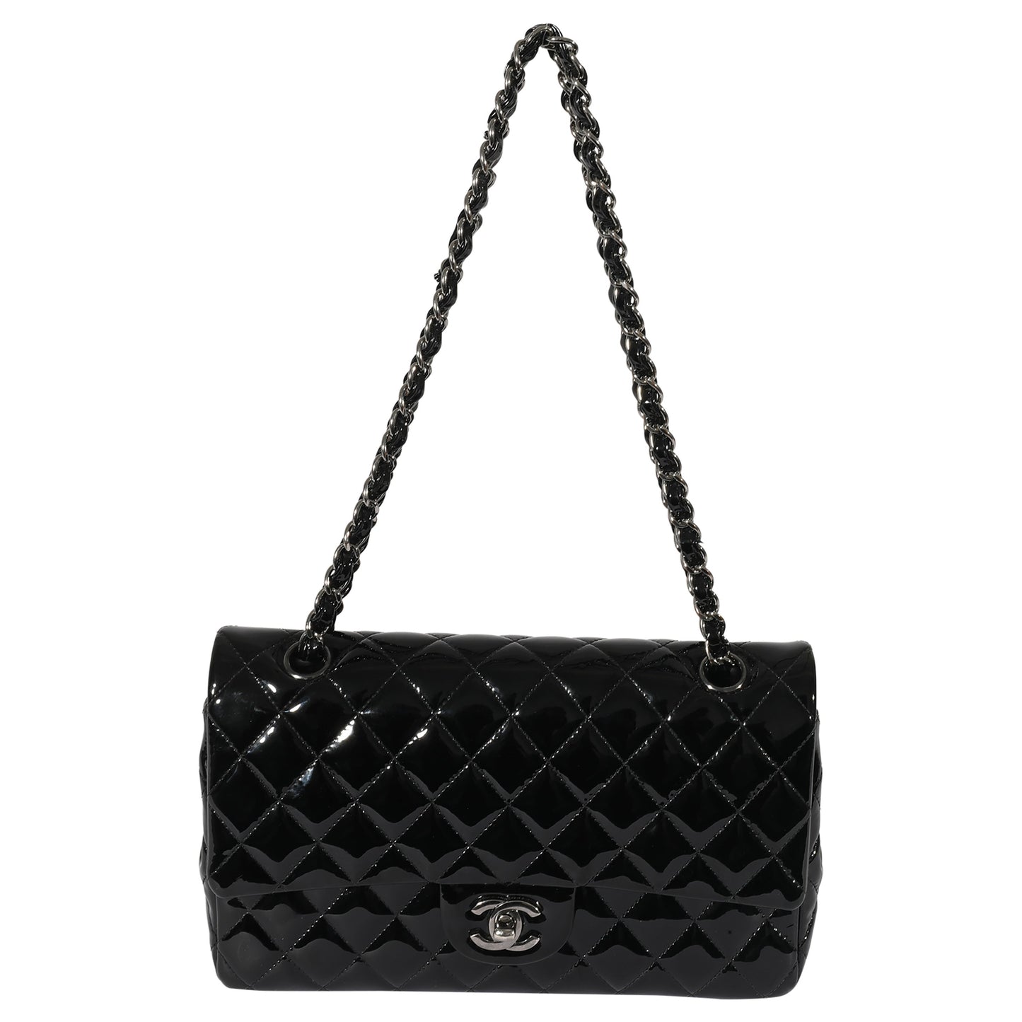 CHANEL Black Patent Medium Classic Double Flap
