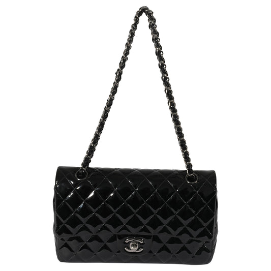CHANEL Black Patent Medium Classic Double Flap