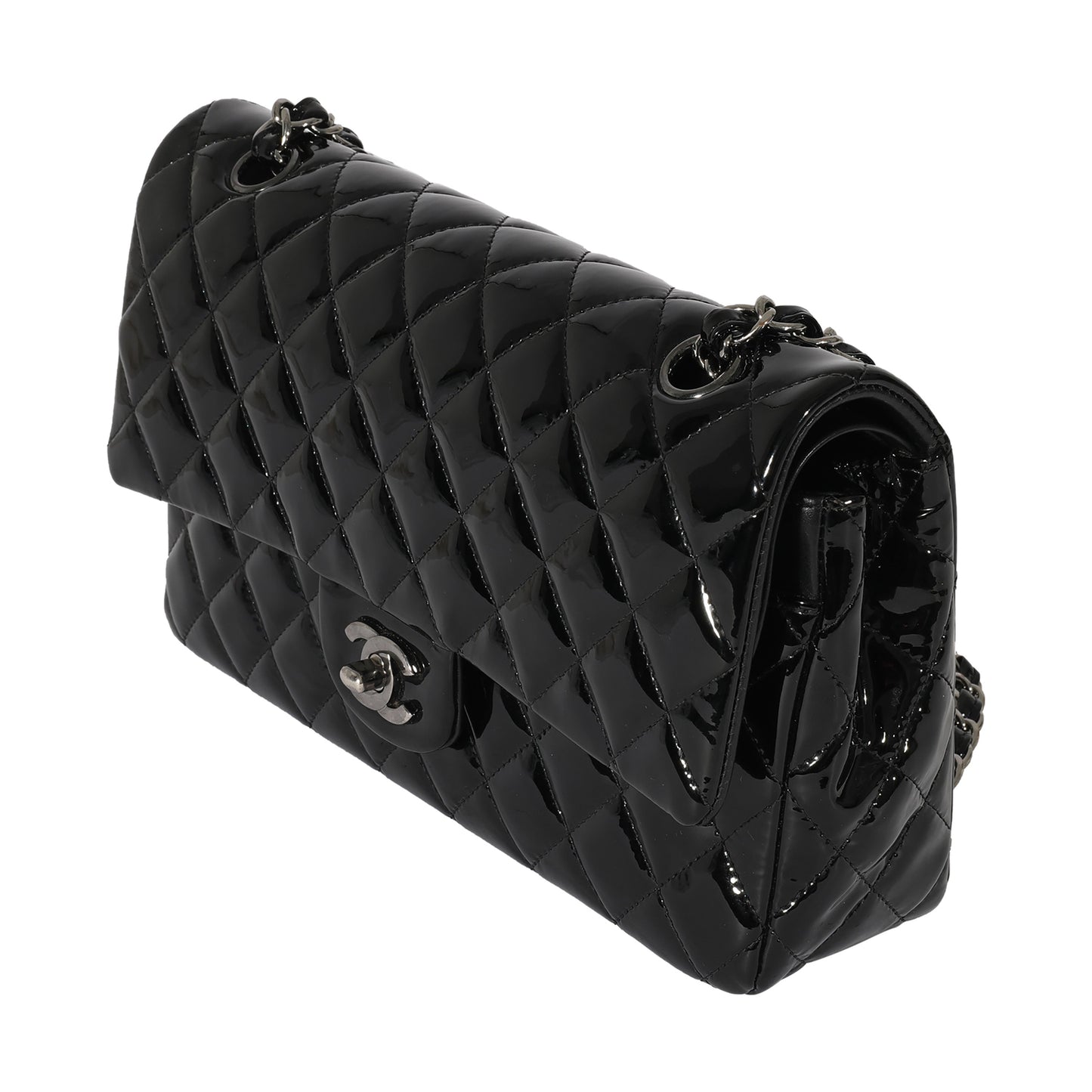 CHANEL Black Patent Medium Classic Double Flap