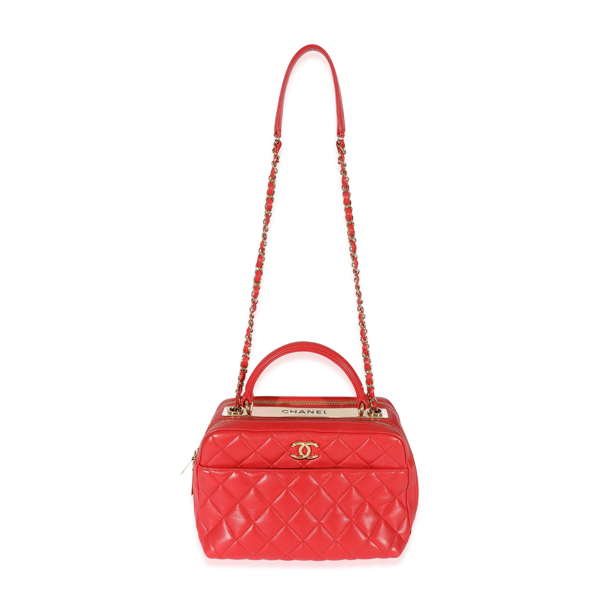 CHANEL Red Quilted Lambskin CC Trendy Bowling Bag