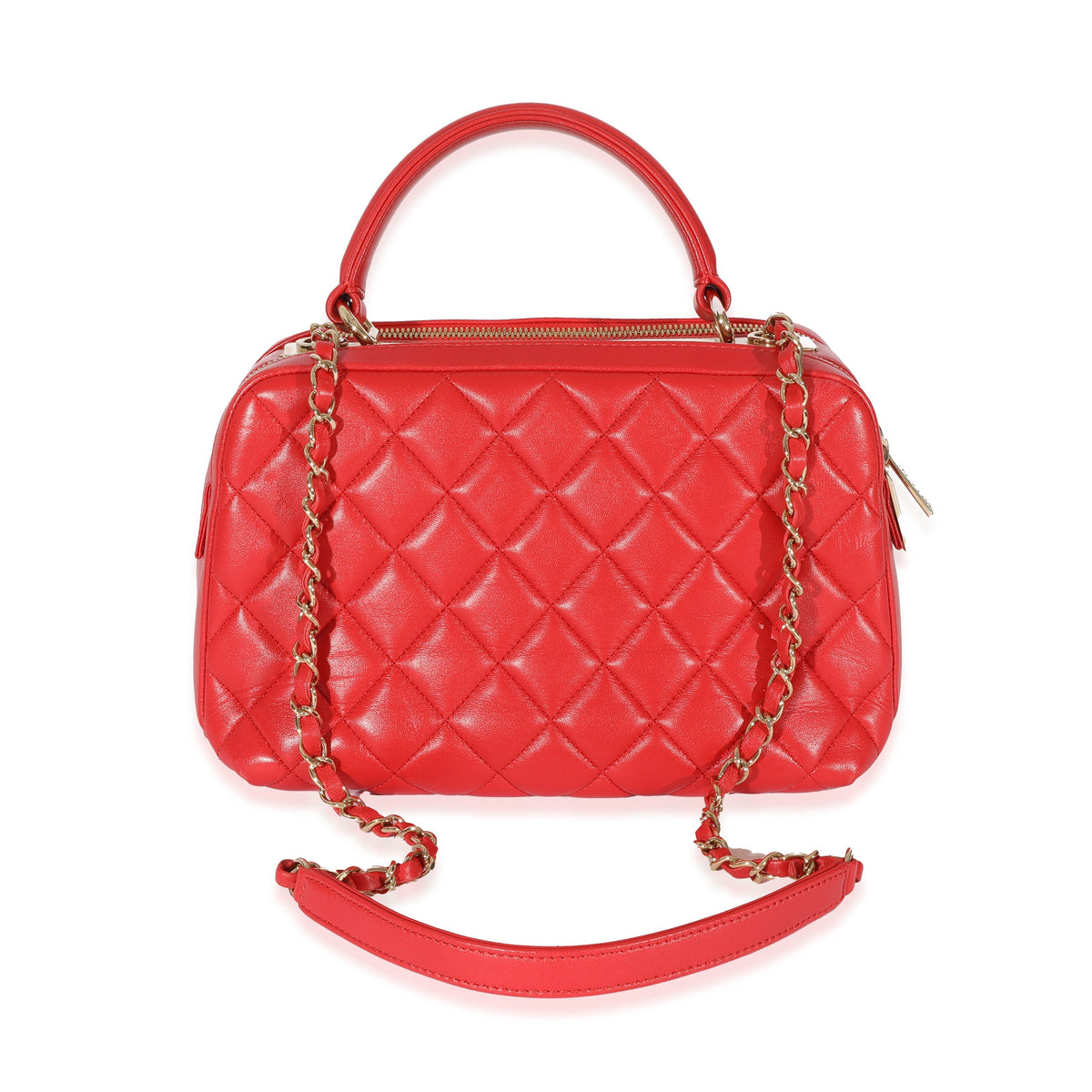 CHANEL Red Quilted Lambskin CC Trendy Bowling Bag