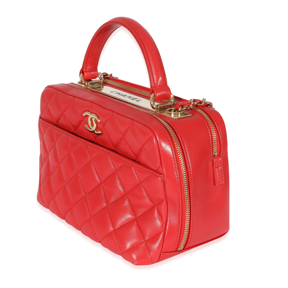 CHANEL Red Quilted Lambskin CC Trendy Bowling Bag