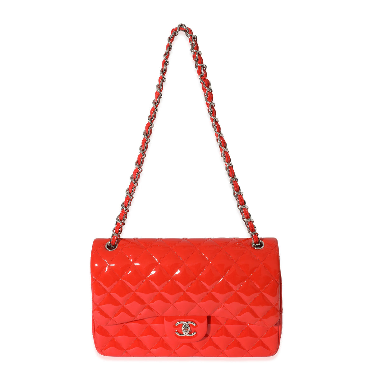 CHANEL Orange Quilted Patent Leather Jumbo Double Flap Bag