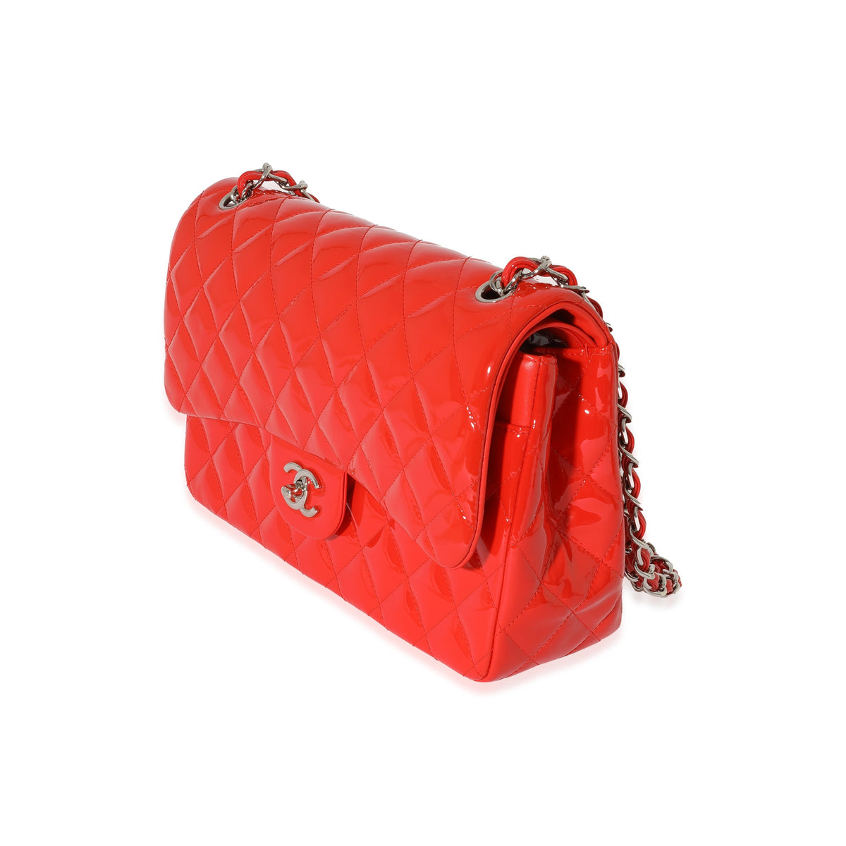 CHANEL Orange Quilted Patent Leather Jumbo Double Flap Bag