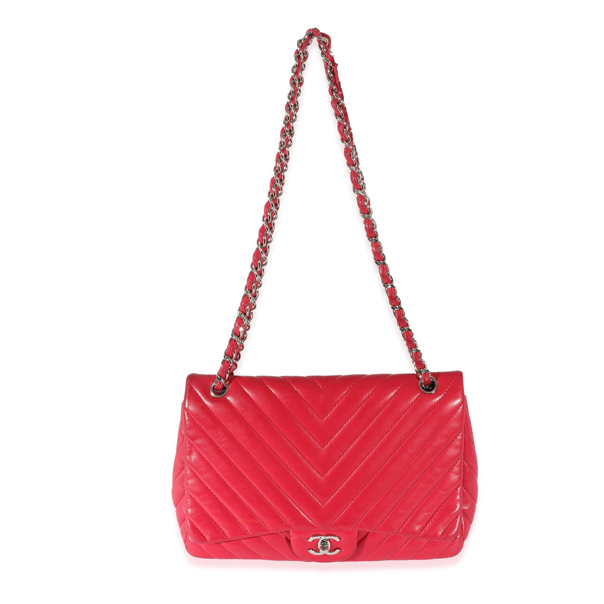 CHANEL Pink Lambskin Chevron Jumbo Single Flap Bag