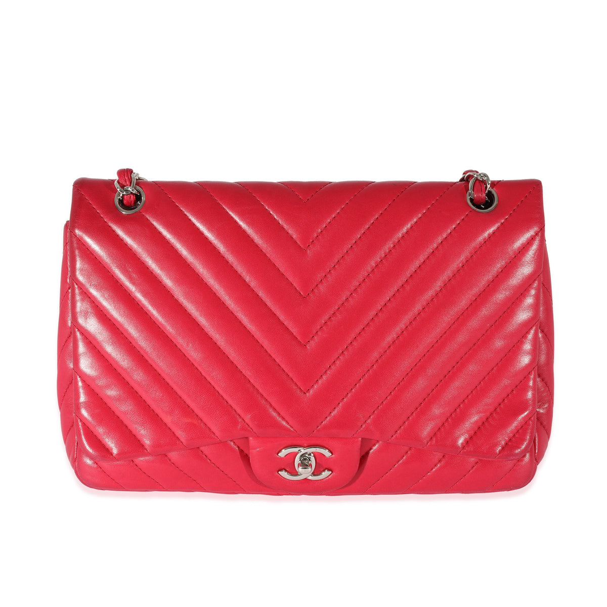 CHANEL Pink Lambskin Chevron Jumbo Single Flap Bag