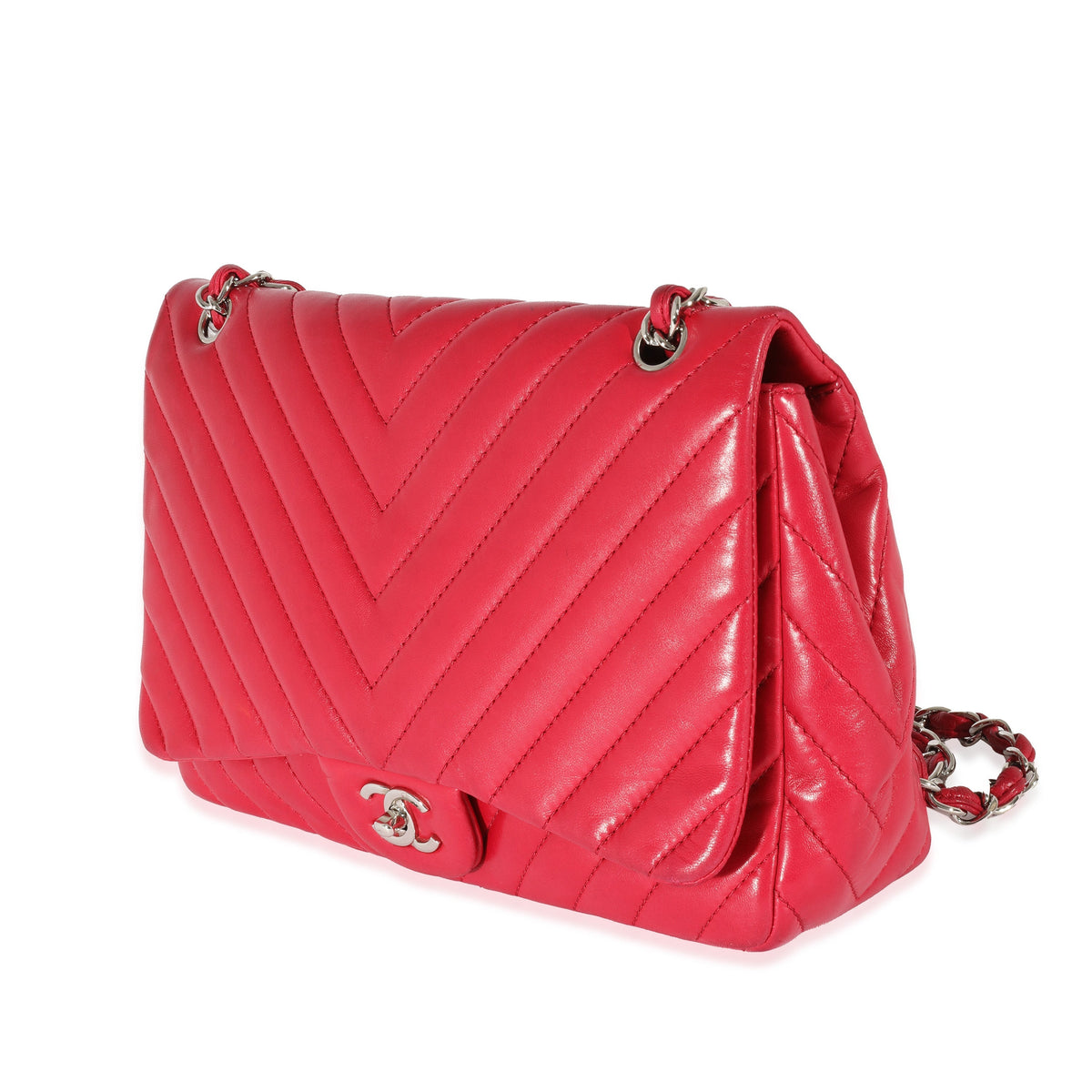CHANEL Pink Lambskin Chevron Jumbo Single Flap Bag