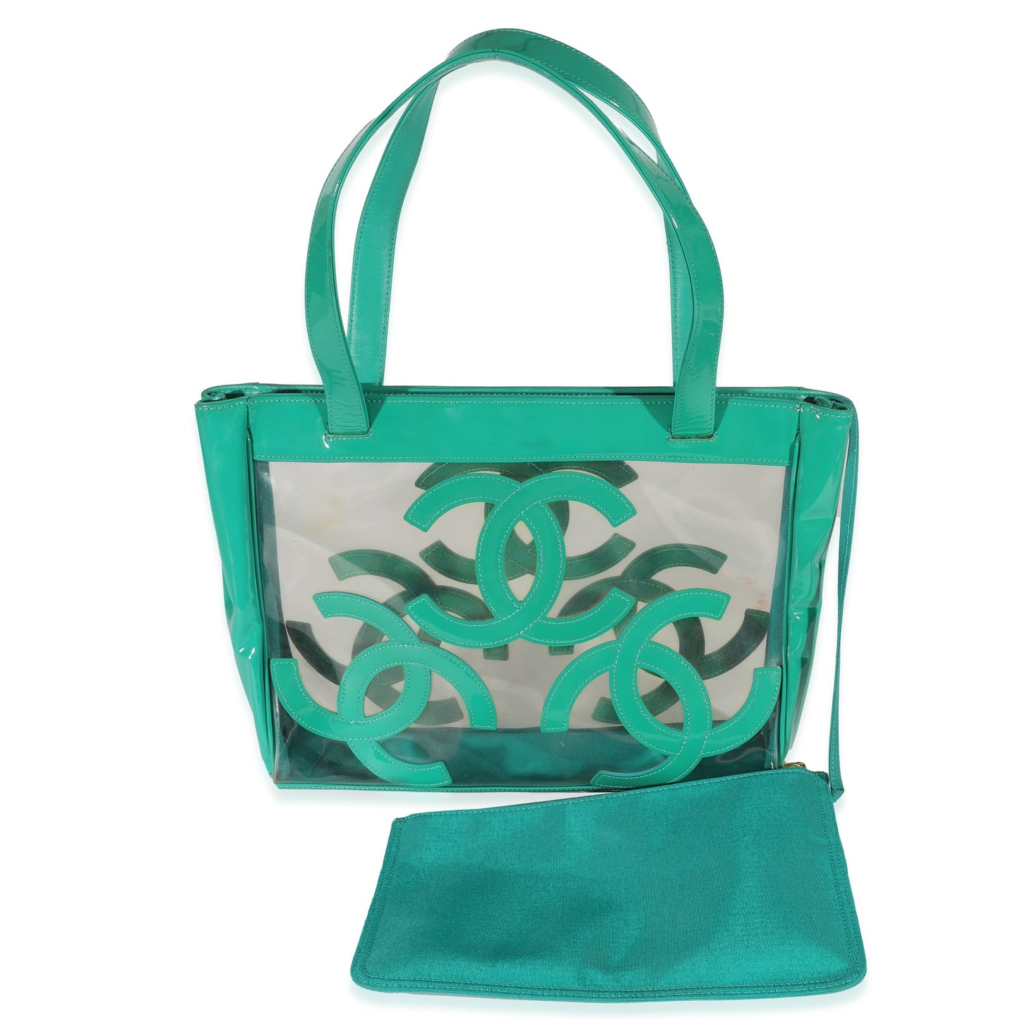 CHANEL Teal Vinyl Patent Triple CC Tote