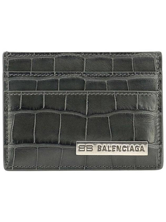 Luxury Balenciaga  BB Logo Metal Tab Crocker Card Wallet Drak Grey