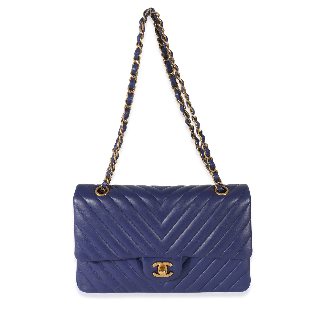 CHANEL Navy Chevron Medium Classic Double Flap