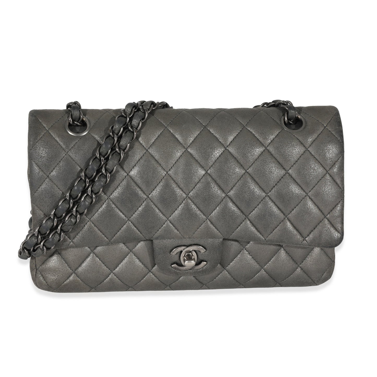 CHANEL Grey Metallic Nubuck Medium Classic Double Flap
