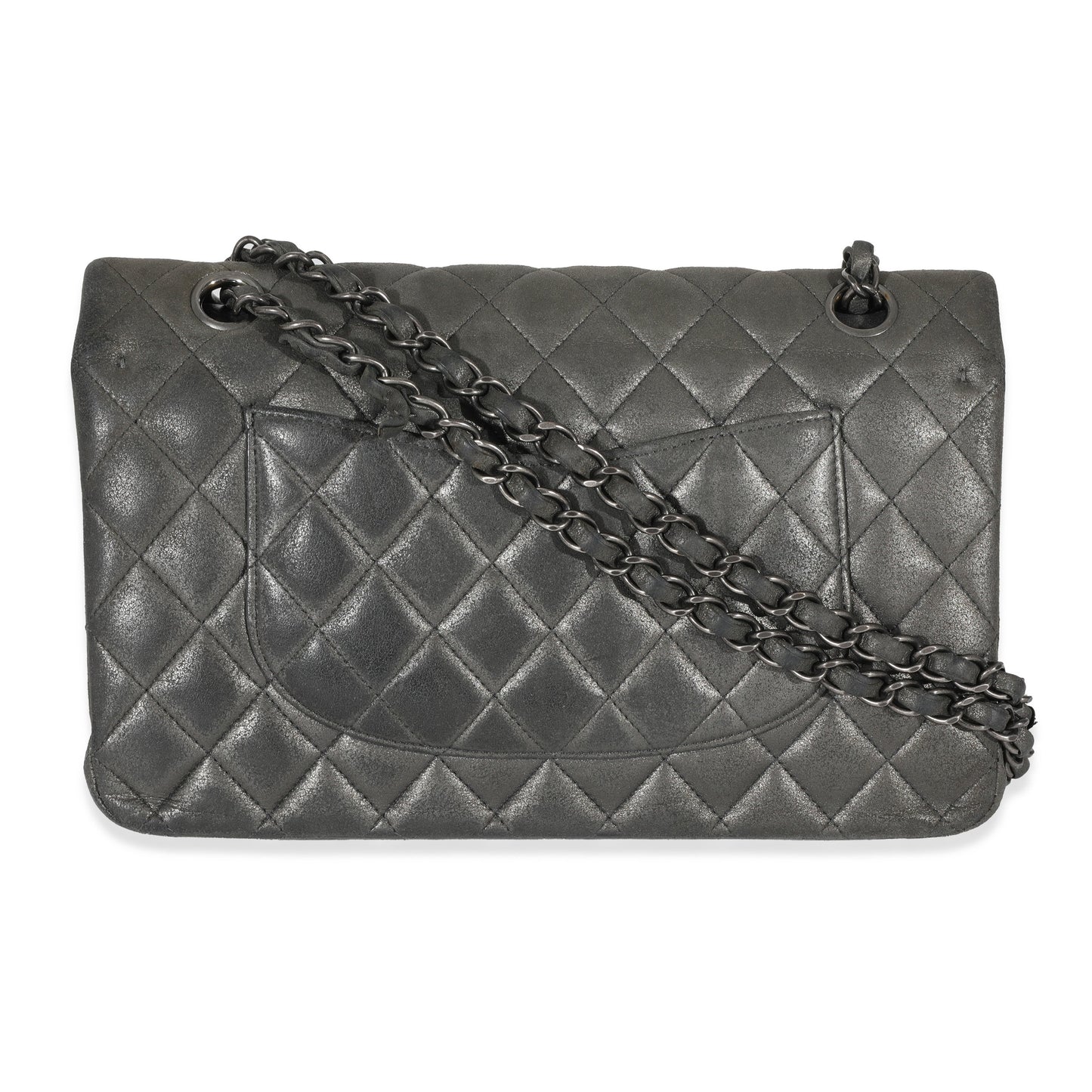 CHANEL Grey Metallic Nubuck Medium Classic Double Flap