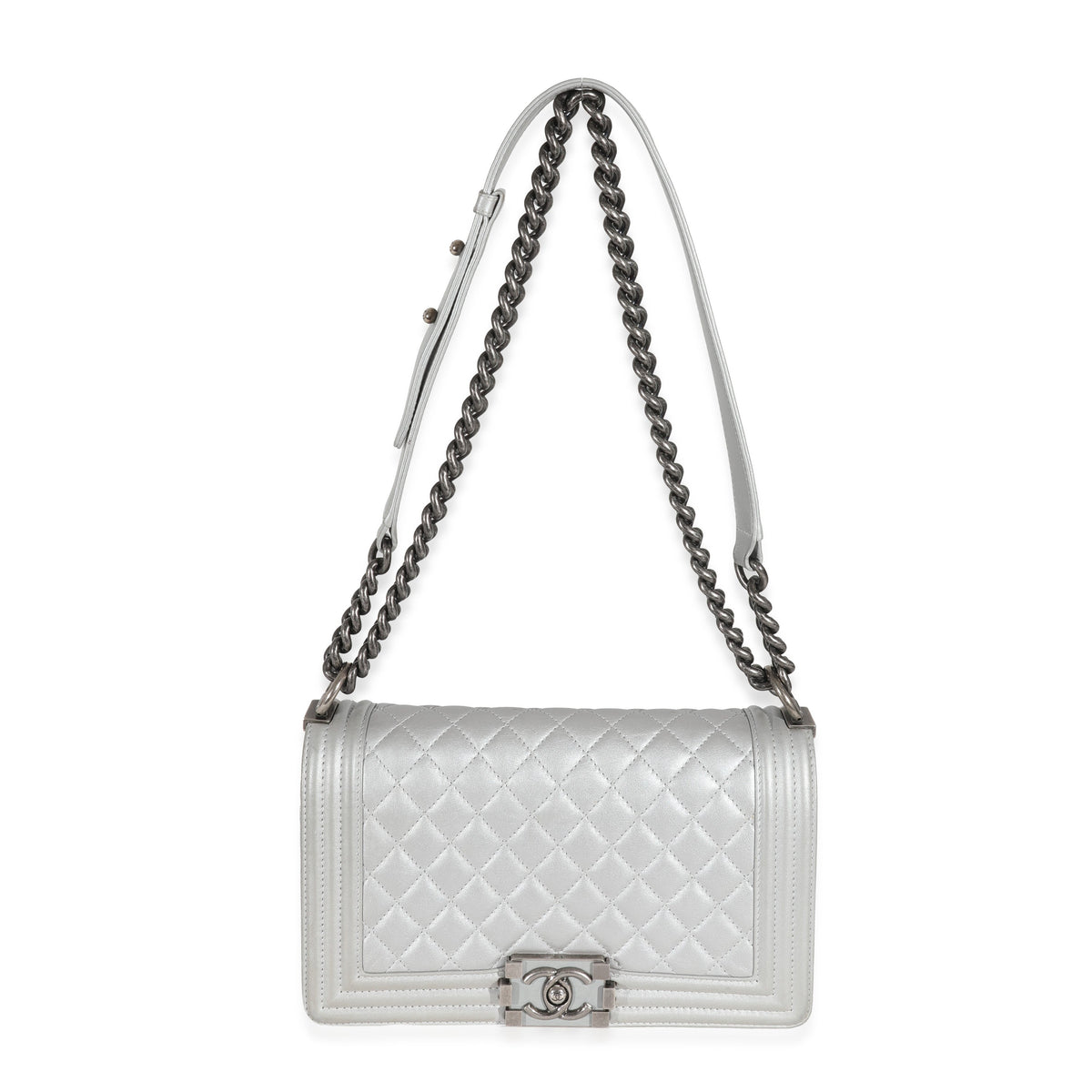 Chanel Silver Calfskin Medium Boy Bag