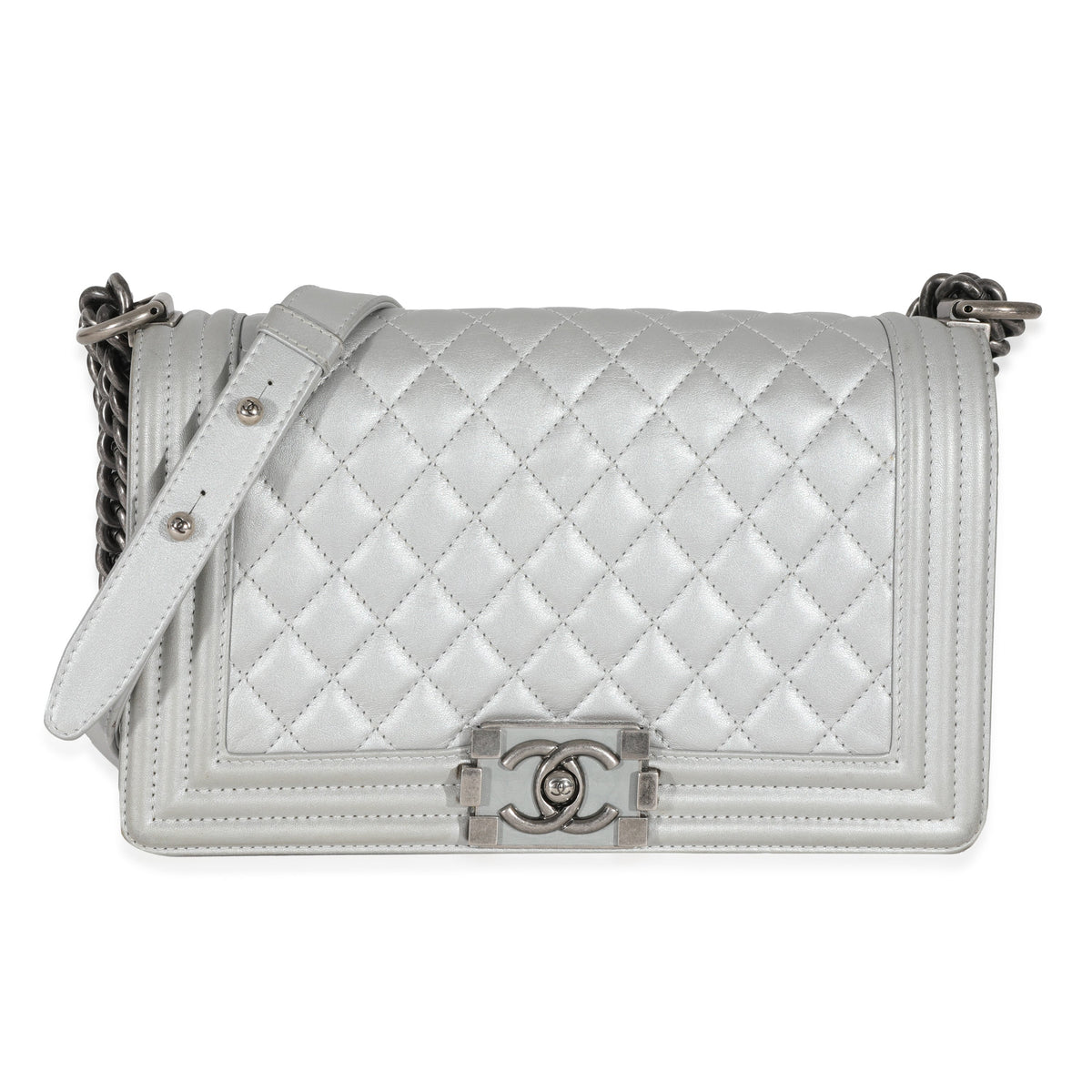 Chanel Silver Calfskin Medium Boy Bag