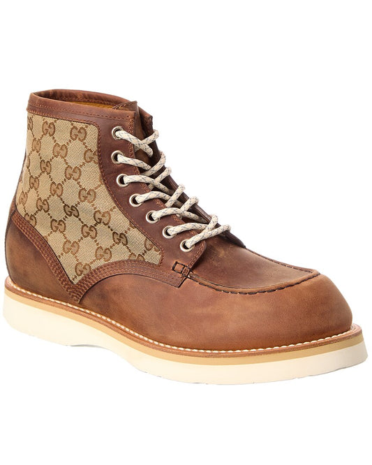 Gucci Lace-Up Gg Canvas & Leather Bootie