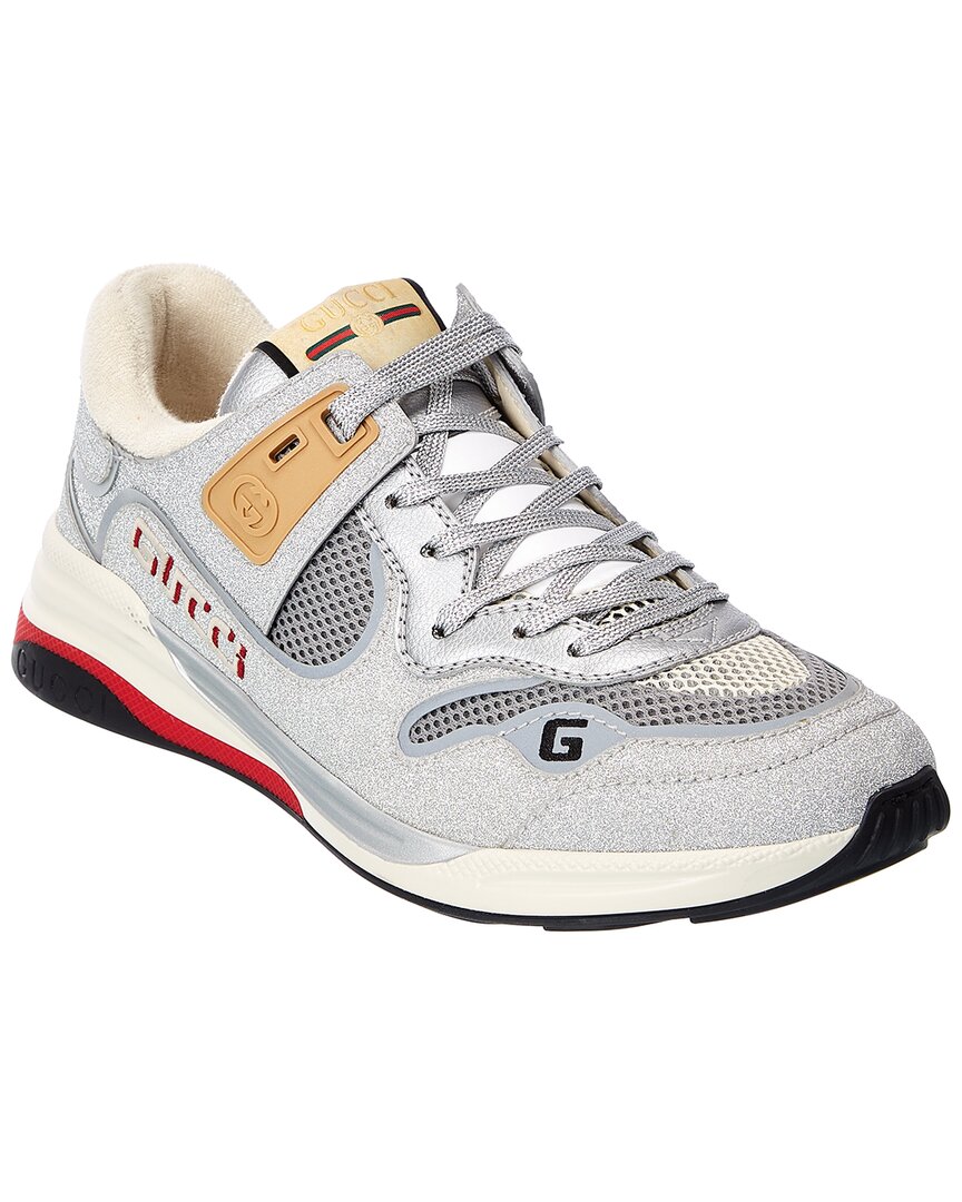 Gucci Ultrapace Glitter Leather & Mesh Sneaker 6.5 Silver