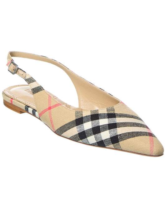 Burberry Dame Check Linen Slingback Flat 37 Brown Multi