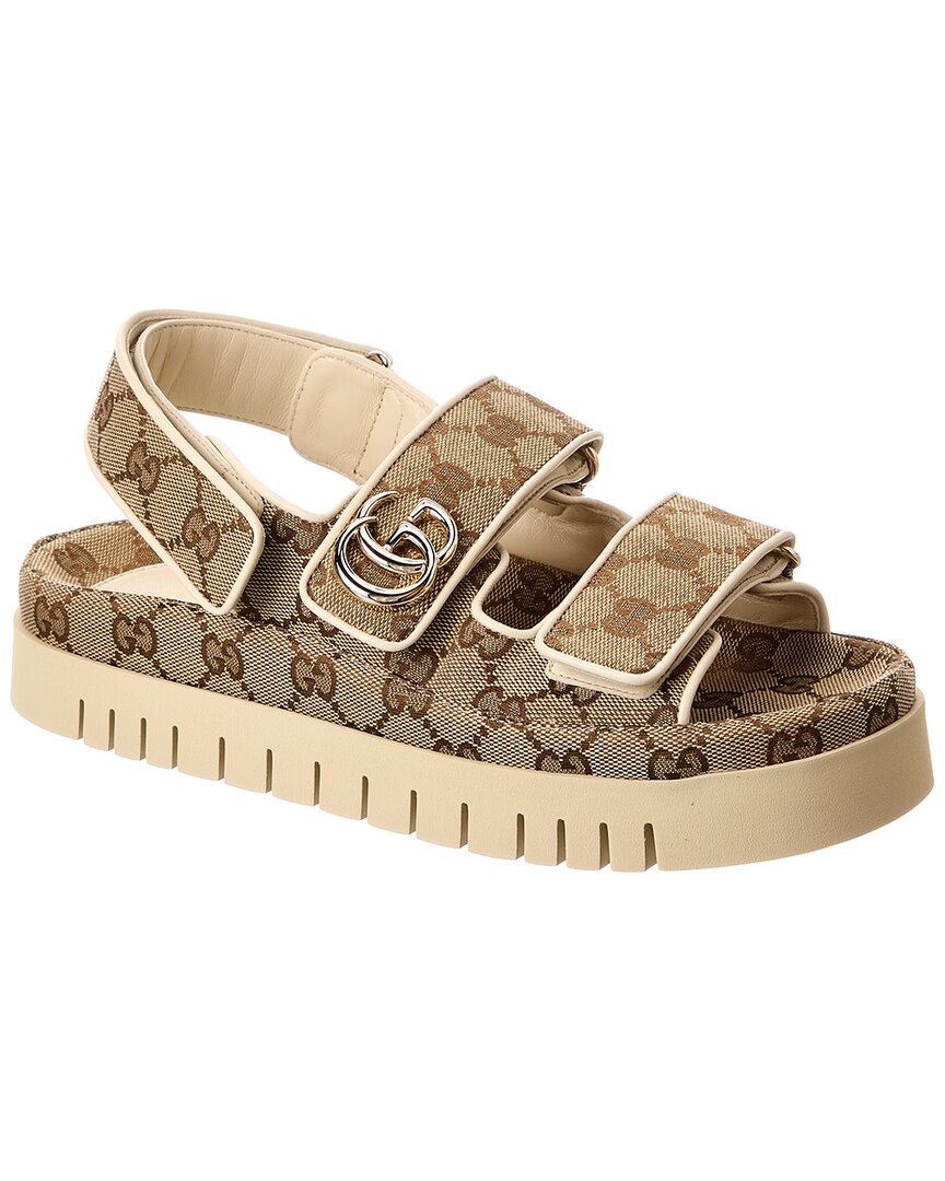 Gucci Double G Gg Canvas & Leather Sandal 36 Beige