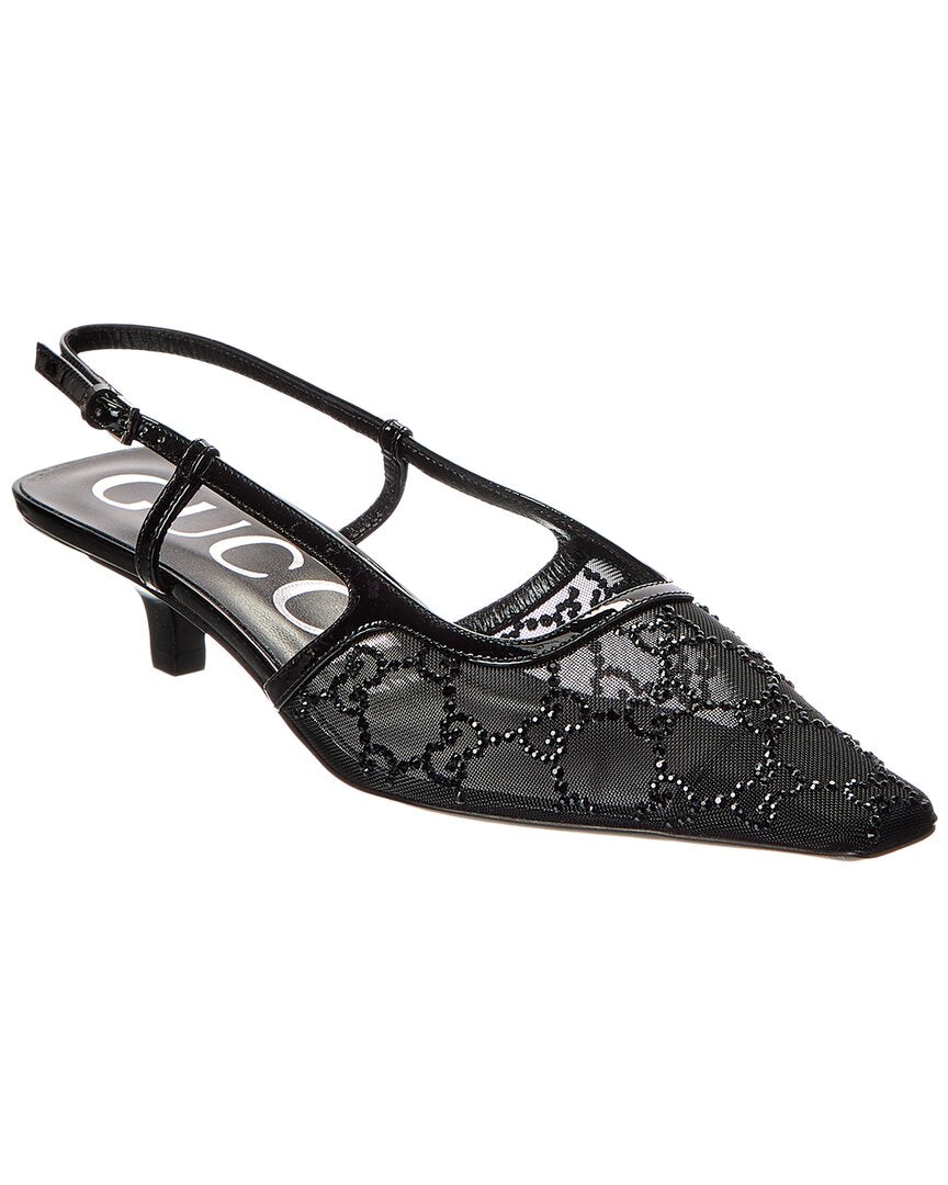 Gucci Gg Crystal Mesh & Leather Slingback Pump
