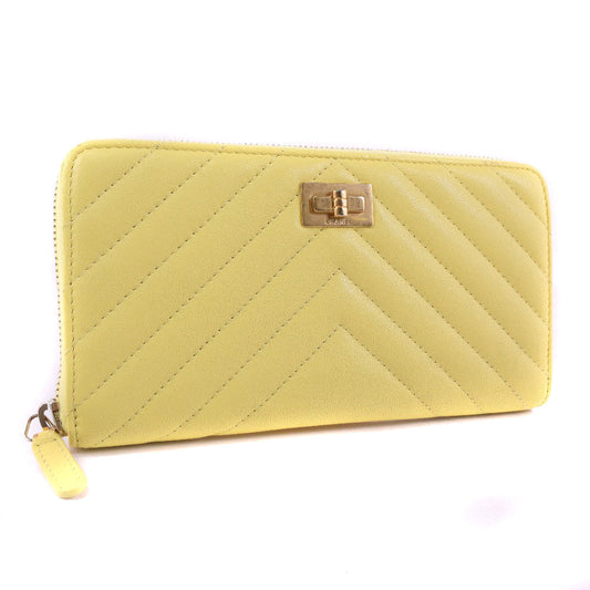 CHANEL Long Wallet Purse leather yellow 23rd generation Vstitch Zip Around Women Used