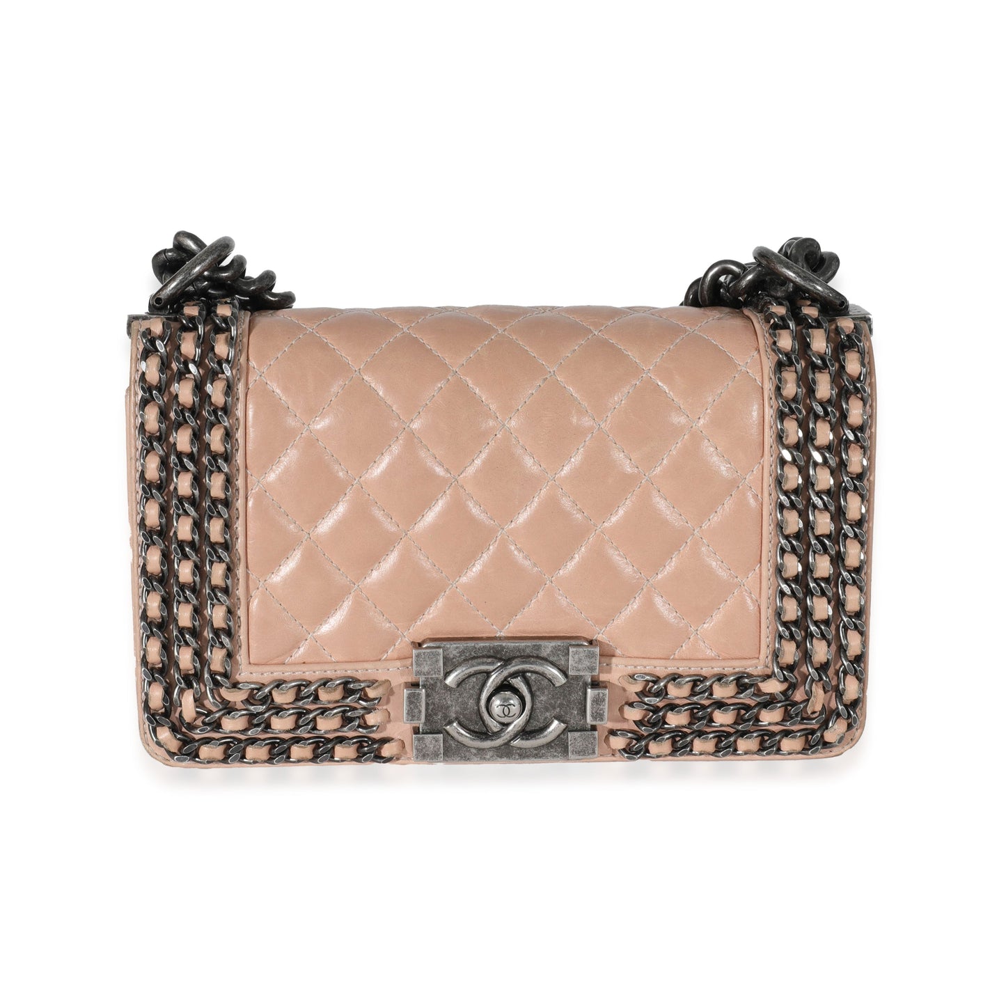 CHANEL Beige Glazed Calfskin Enchained Small Boy Bag