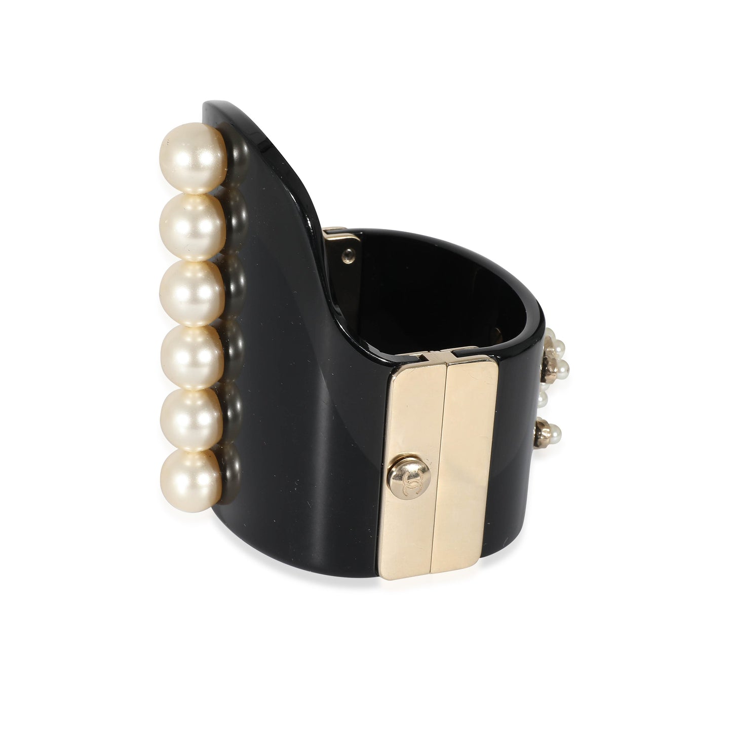 CHANEL 2015 Gold Tone Resin Hinged Bangle Bracelet With Faux Pearls