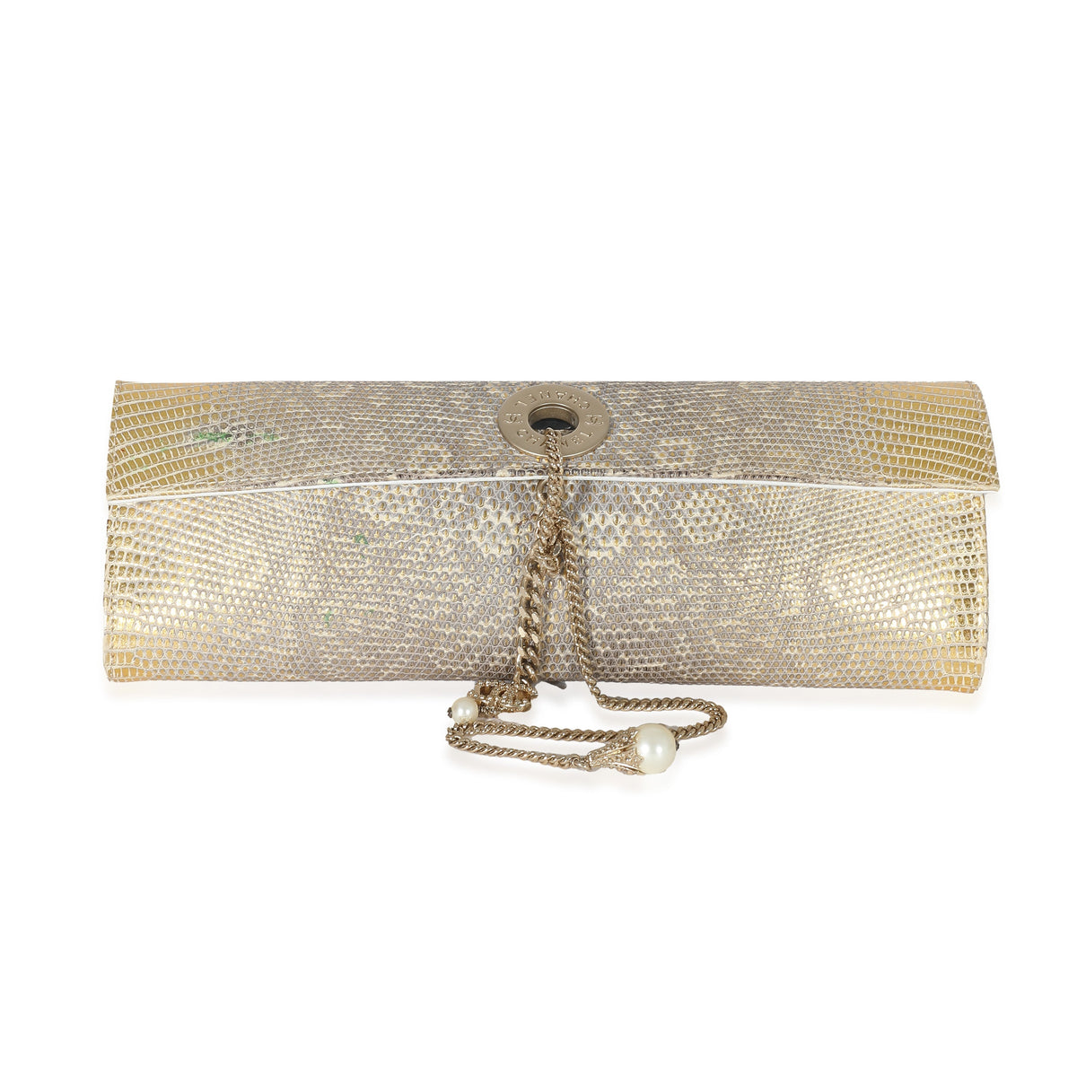 CHANEL Vintage Gold Lizard Tube Flap Clutch