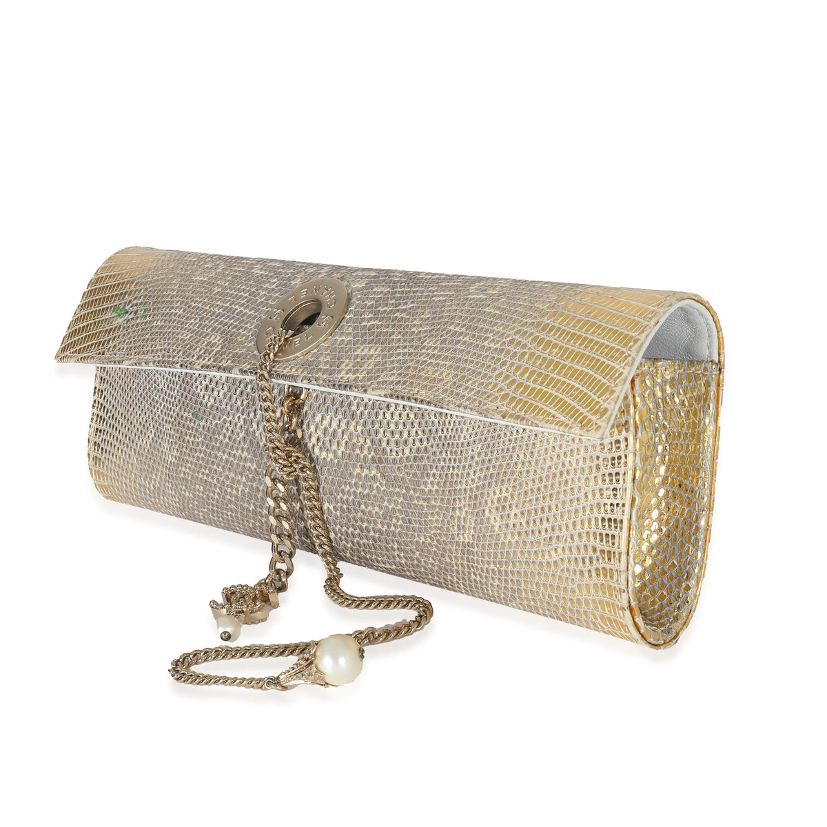 CHANEL Vintage Gold Lizard Tube Flap Clutch