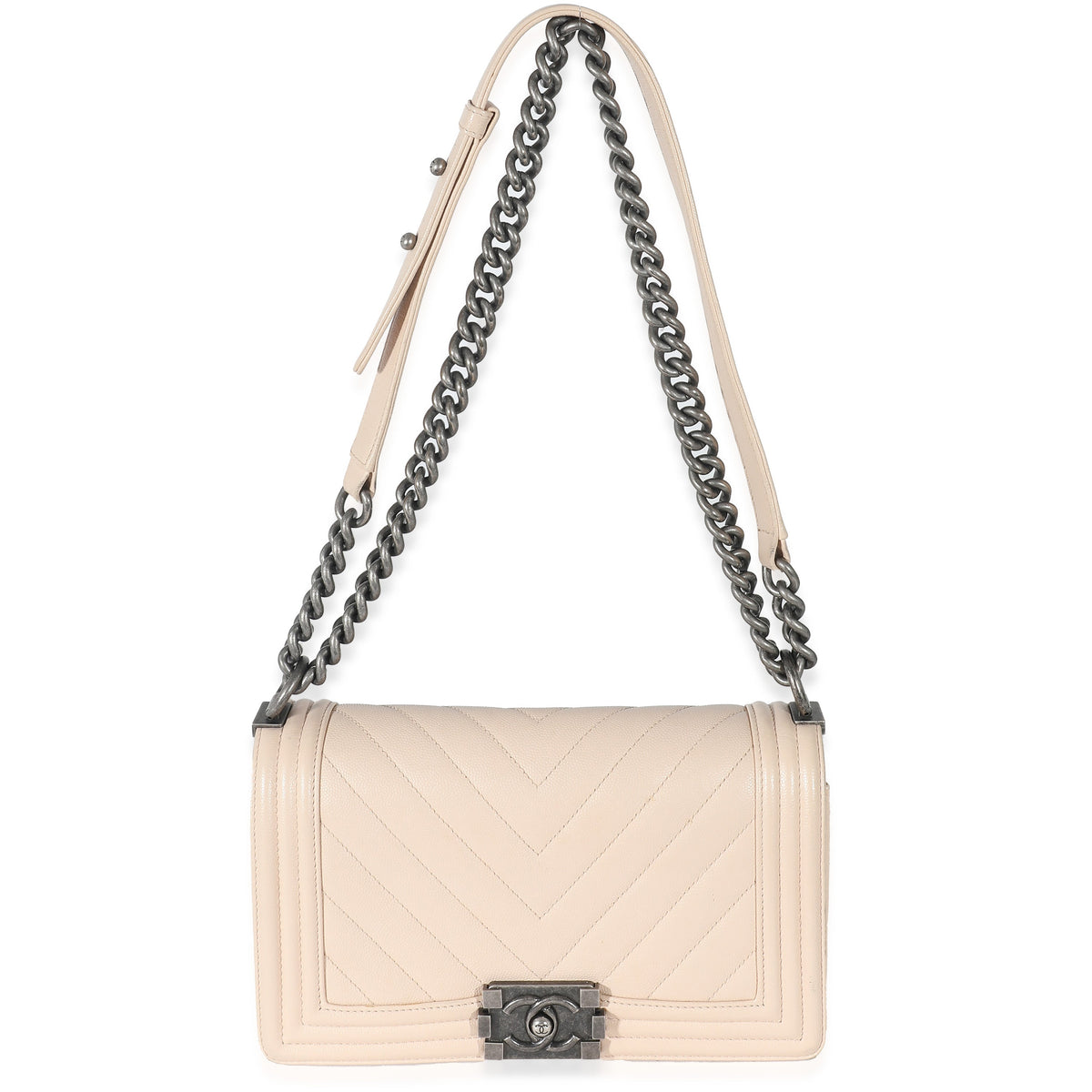 CHANEL Light Beige Chevron Quilted Caviar Leather Medium Boy Bag
