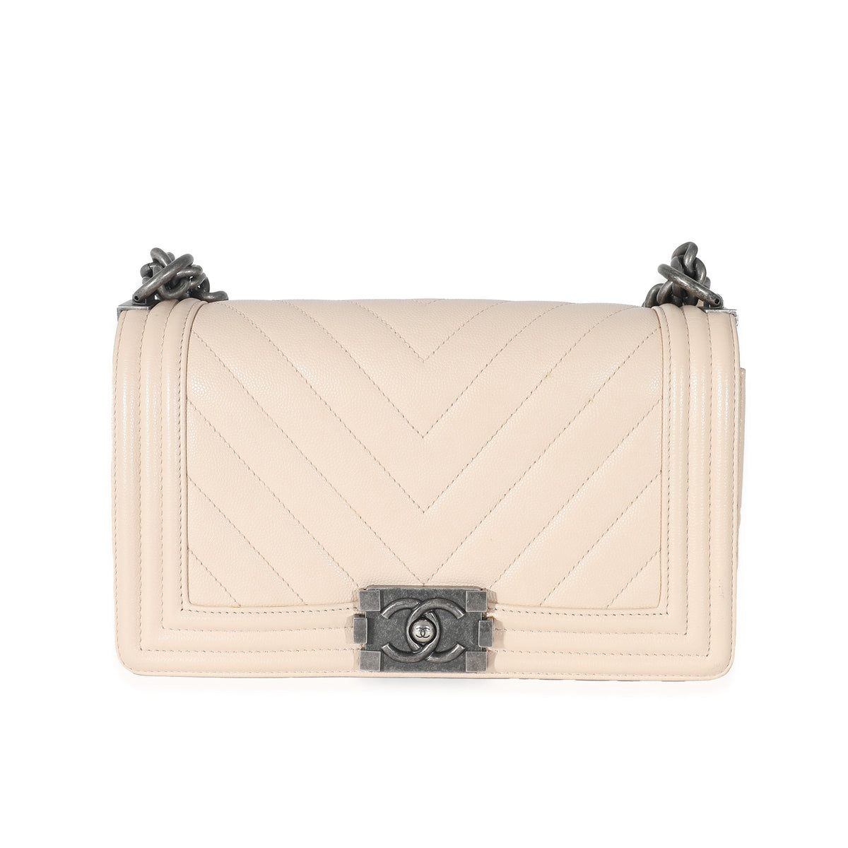 CHANEL Light Beige Chevron Quilted Caviar Leather Medium Boy Bag