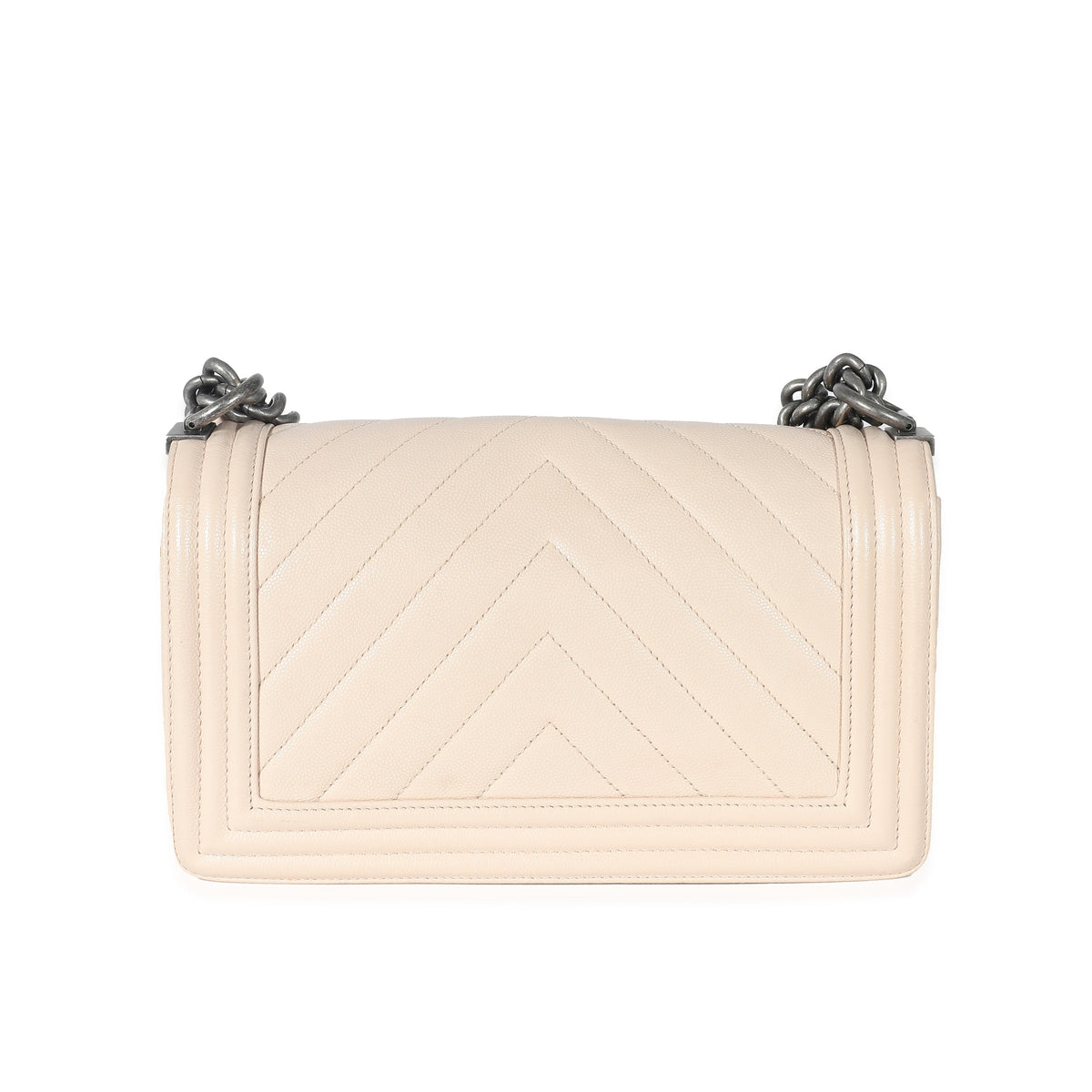 CHANEL Light Beige Chevron Quilted Caviar Leather Medium Boy Bag