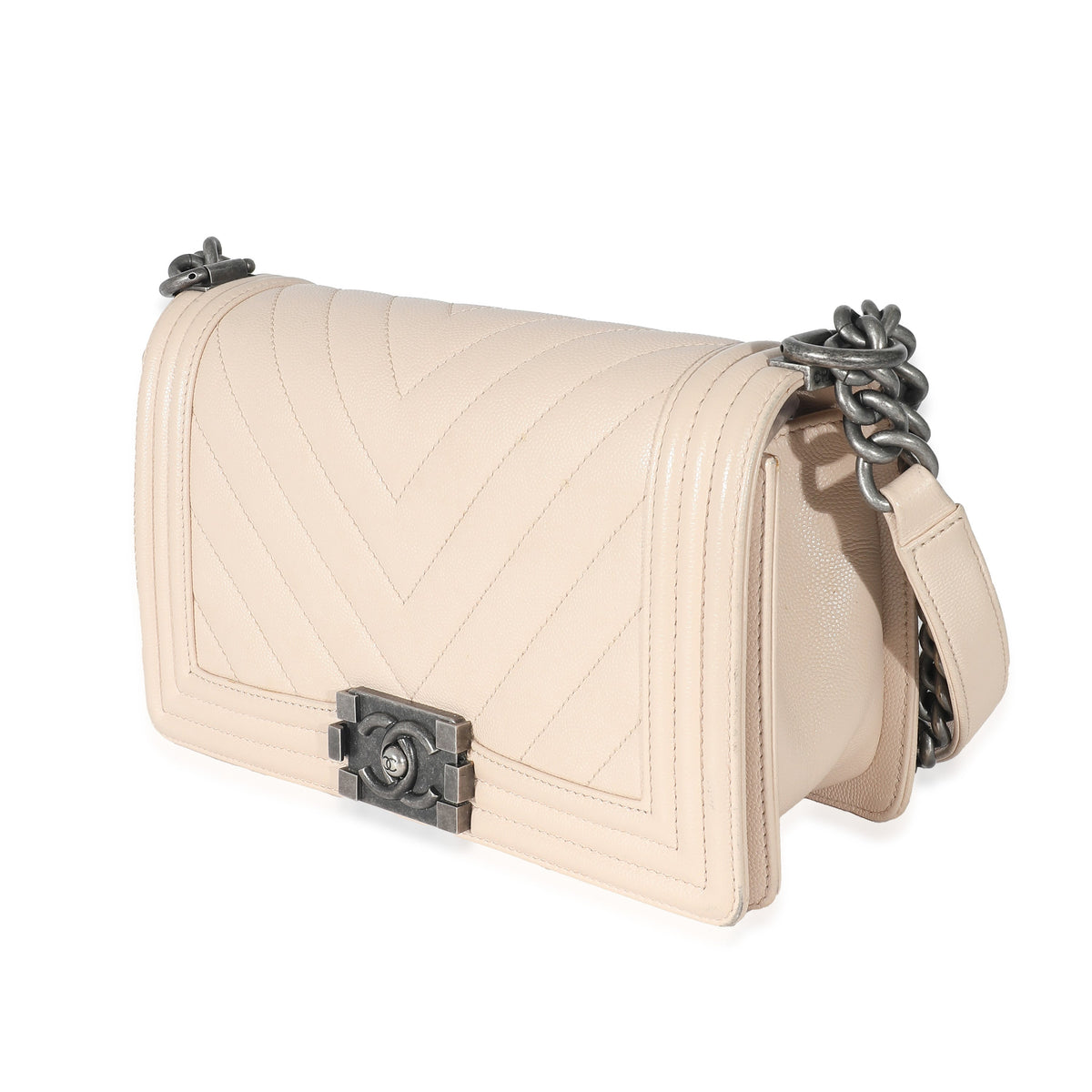 CHANEL Light Beige Chevron Quilted Caviar Leather Medium Boy Bag